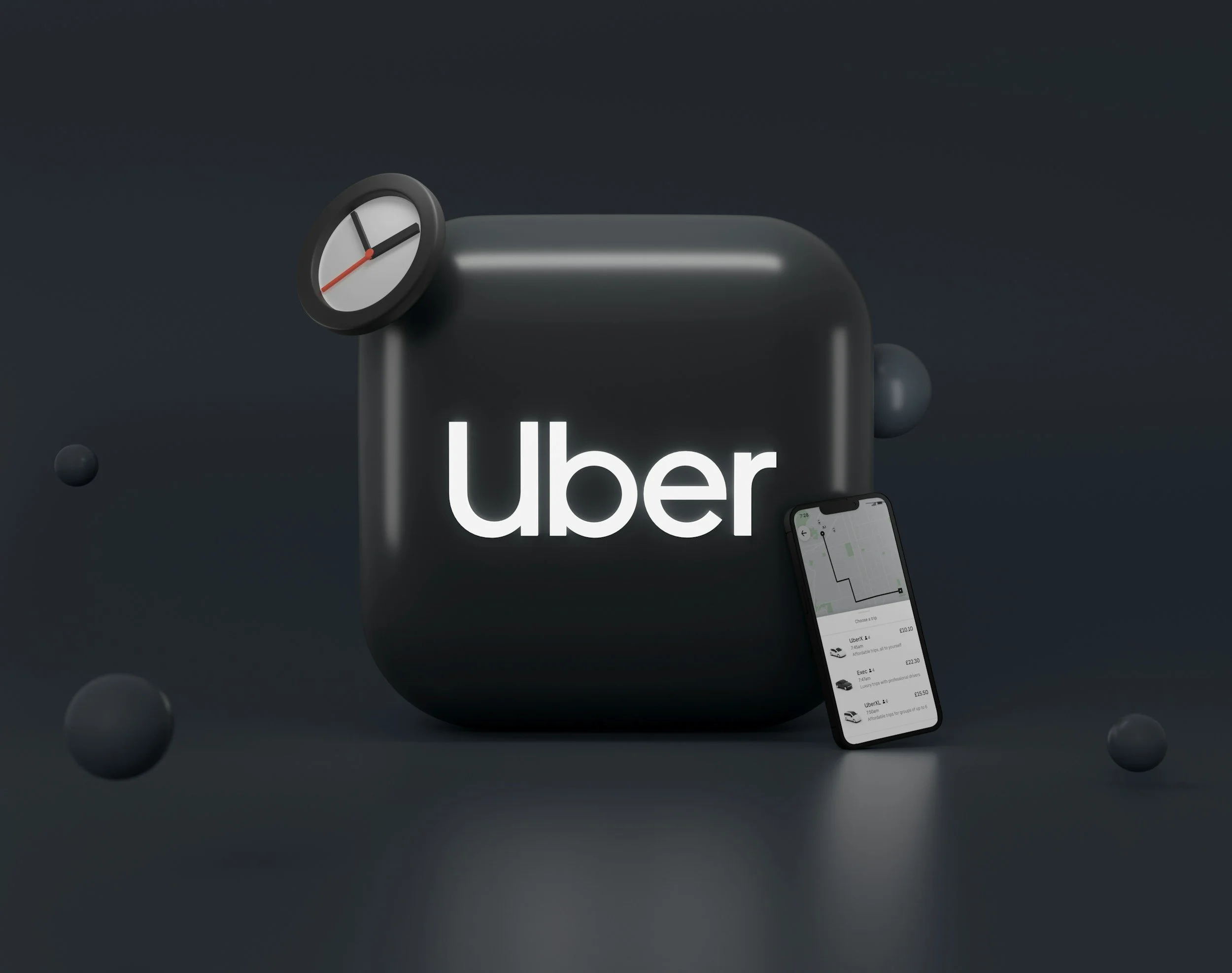 A digital illustration of the Uber logo on a black background, with a clock tilted on top of it and floating black spheres around, suggesting a modern, tech-focused theme.