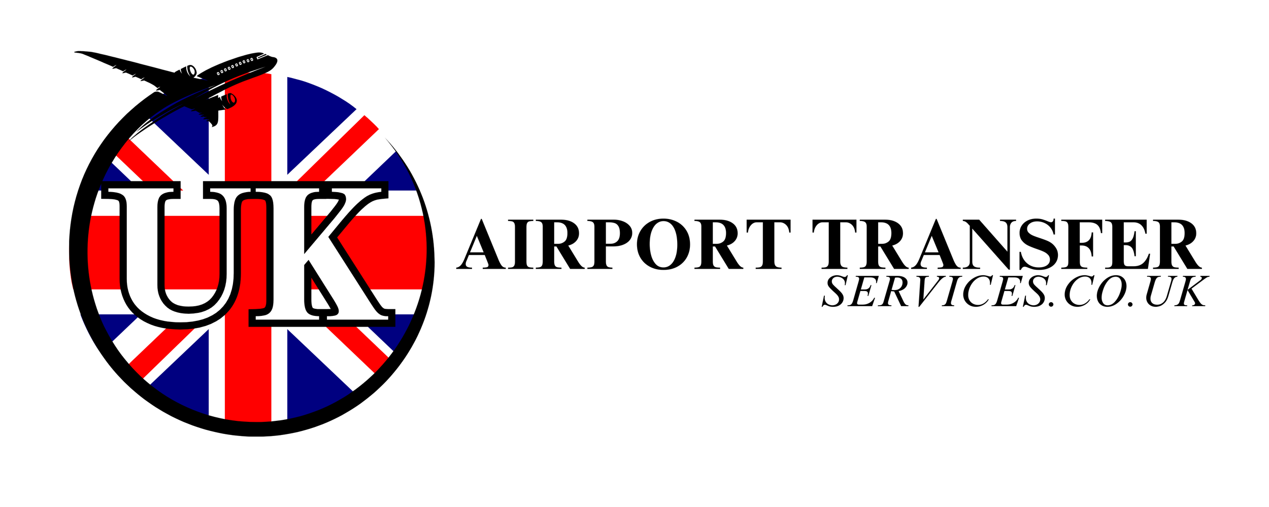Logo for UK Airport Transfer Services featuring a circular icon with the United Kingdom flag and an airplane silhouette on top, with bold black text to the right saying 'UK Airport Transfer Services.co.uk'.