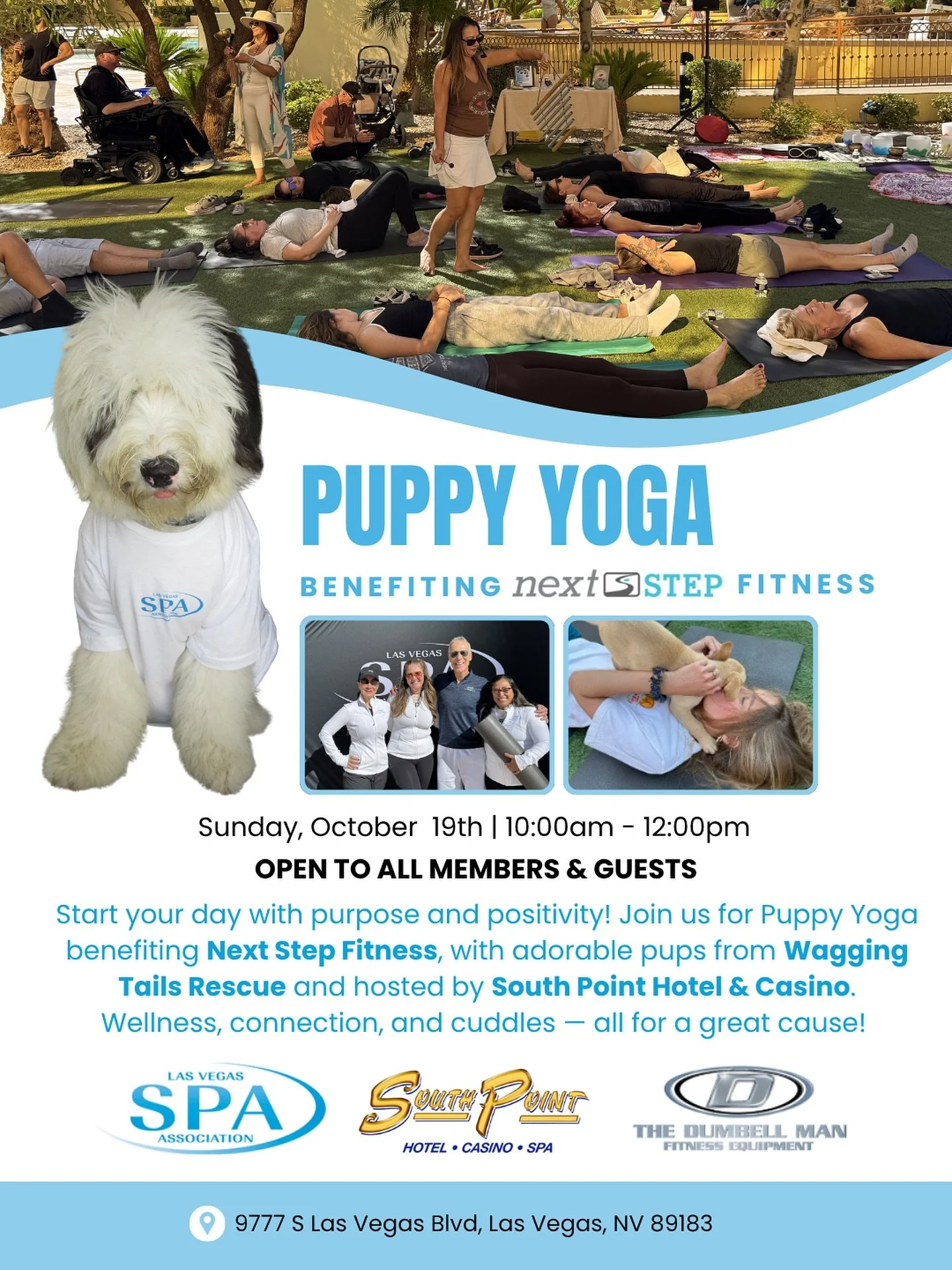 PUPPY YOGA 🧘&zwj;♀️🐾

Start your day with purpose and positivity! Join us for a morning of movement, mindfulness, and puppy love &mdash; all benefiting Next Step Fitness.

✨ When: Sunday, October 19th at 10 AM
📍 Where: South Point Hotel &amp; Casi