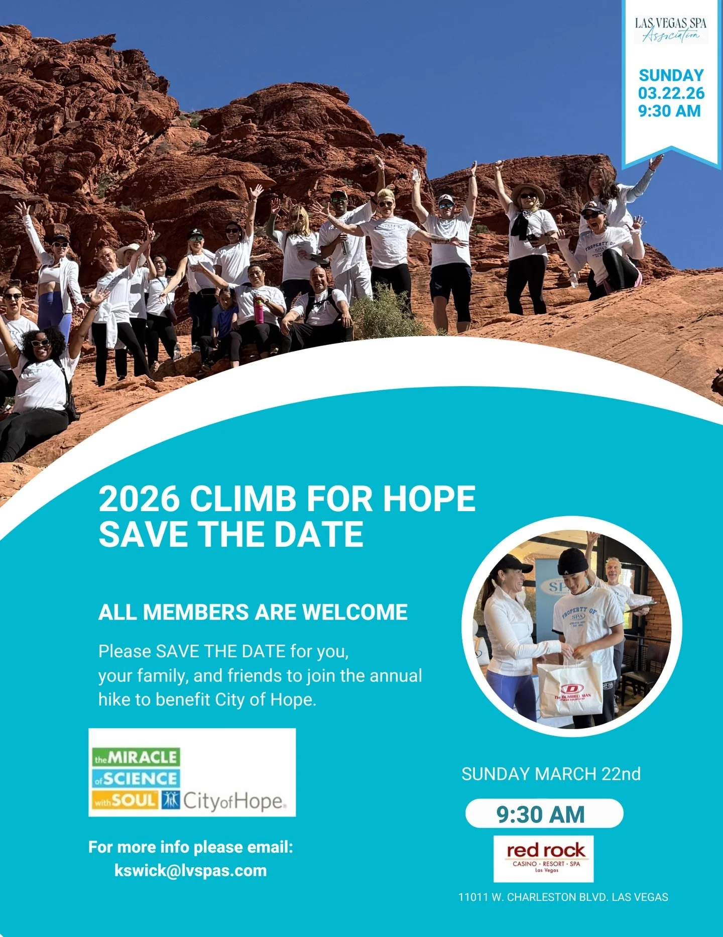 SAVE THE DATE 💙

Our 2026 Climb for Hope is officially on the calendar!

📍 Red Rock Resort
🗓 Sunday, March 22
⏰ 9:30am

Join us for our annual hike benefiting City of Hope &mdash; and bring your family &amp; friends along! This is one of our favor