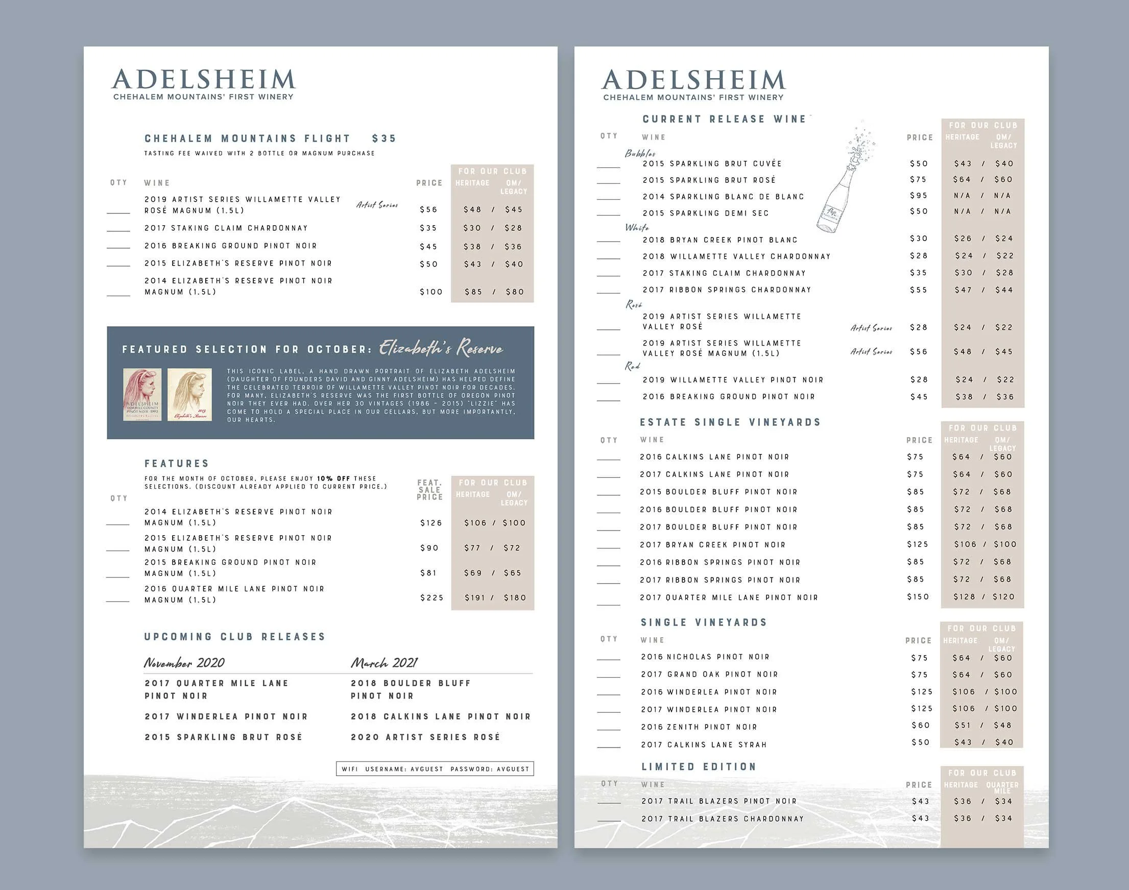 Wine menu for the winery's tasting room.