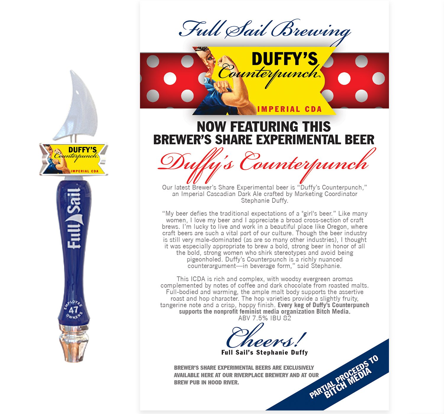 The tap handle for the beer and a poster for the launch. Work includes: graphic design, copywriting.