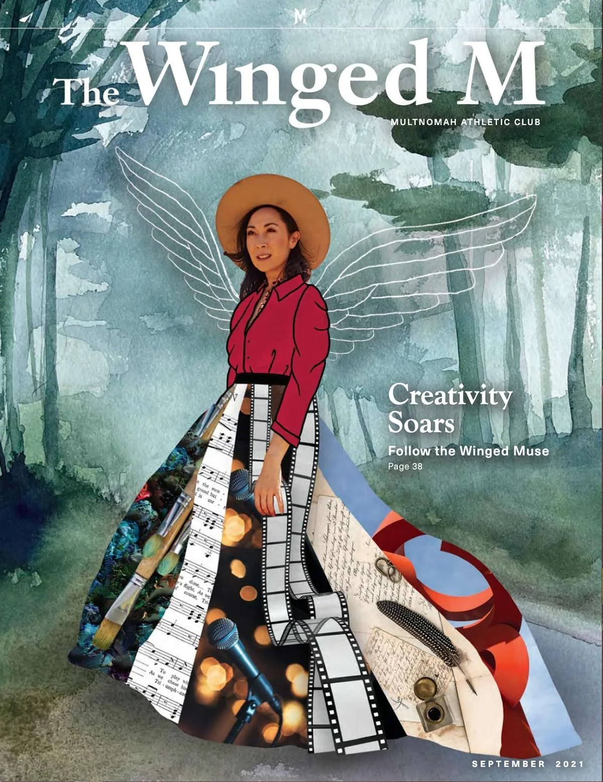 This issue of the Winged M featured members involved in the creative arts. I layered a photo of one member who is a model over the watercolor painting by another. Then illustrated and collaged her outfit to reflect the wide variety of arts represente
