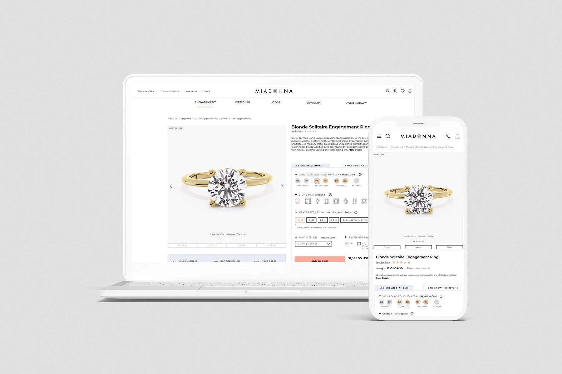 The redesign of the PDP/PIP was a large undertaking. Again, collapsible filters and menus made it streamlined, and summarizing very technical details about diamond options with icons helped improve overall conversion rates. Work includes: graphic des