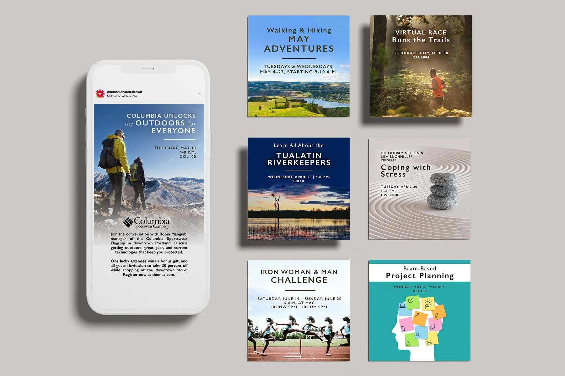 I streamlined the design for all MAC events, creating a cohesive experience that reflected the professional and thoughtful services offered to their members. For each event, there were social media graphics, digital display graphics, website graphics