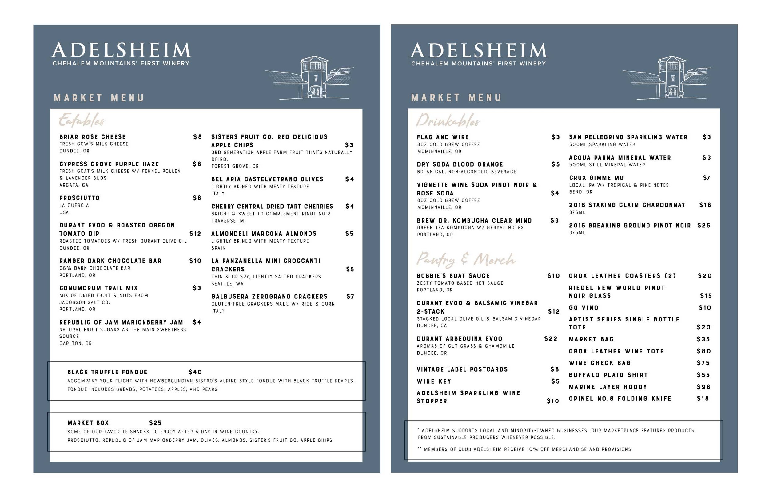 Food menu for the winery's tasting room.