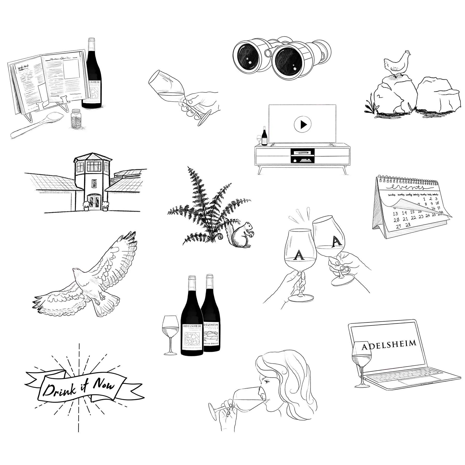 Icons I illustrated for a variety of projects, from tasting guides to vineyard maps to wine club print materials.