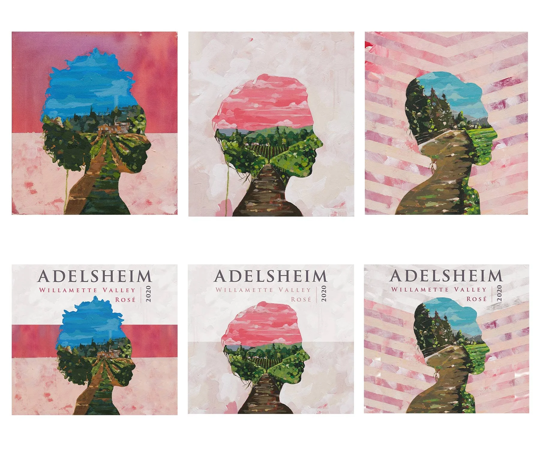 For Adelsheim's 2020 Artist Series Rosé, they commissioned the amazing artist Jeremy Okai Davis to paint three different figures for three different labels. I had the immense pleasure of modifying his original work (above) for the final labels (below