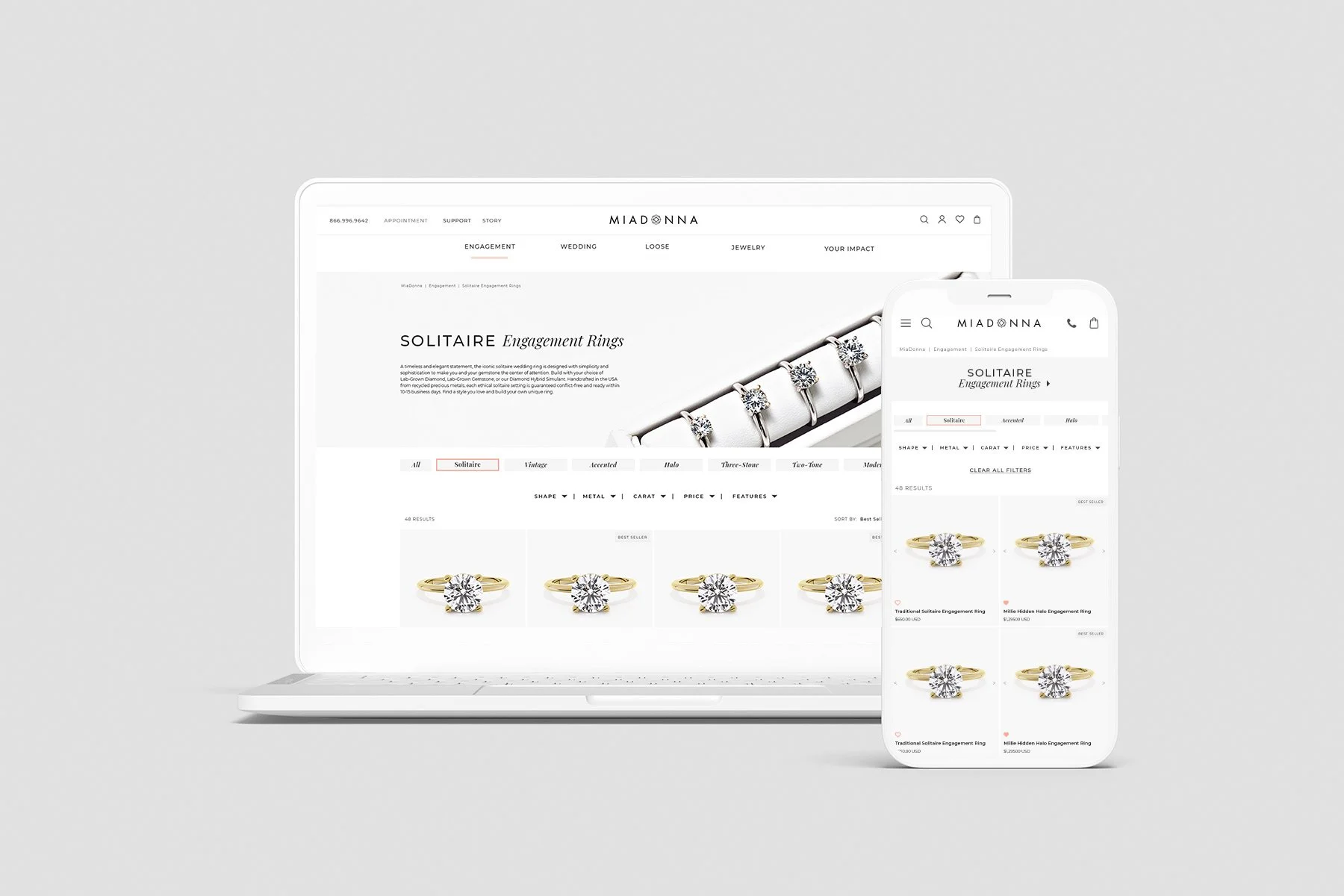 A major website redesign prioritized the customer's experience of building a custom ring. Collapsible menus and filters offered a streamlined way to present the products, with options to get really specific with customization. Work includes: graphic 