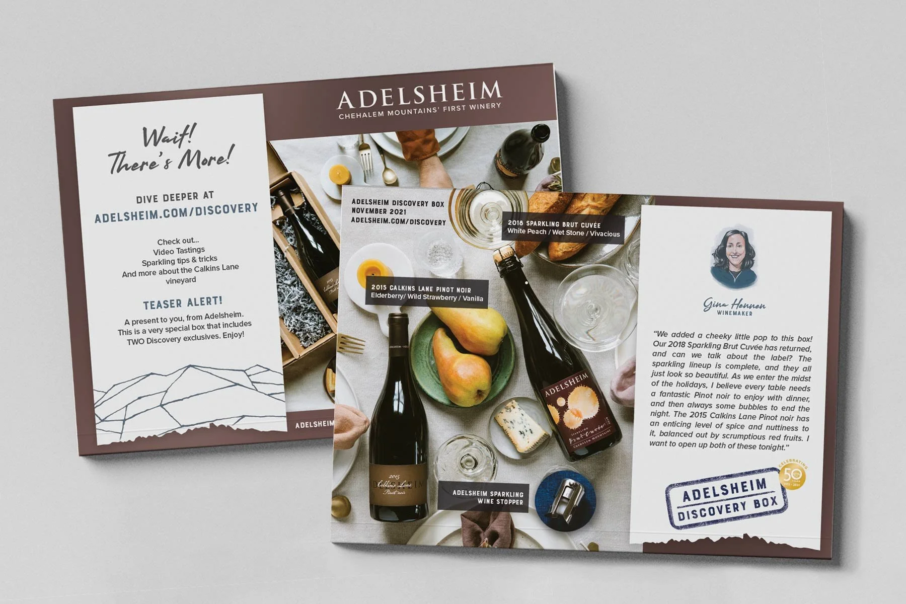 An informational postcard insert for the winery's monthly Discovery Club. Each month featured new content, new design, and new creative direction (within brand standards!). Work includes: graphic design, illustration.
