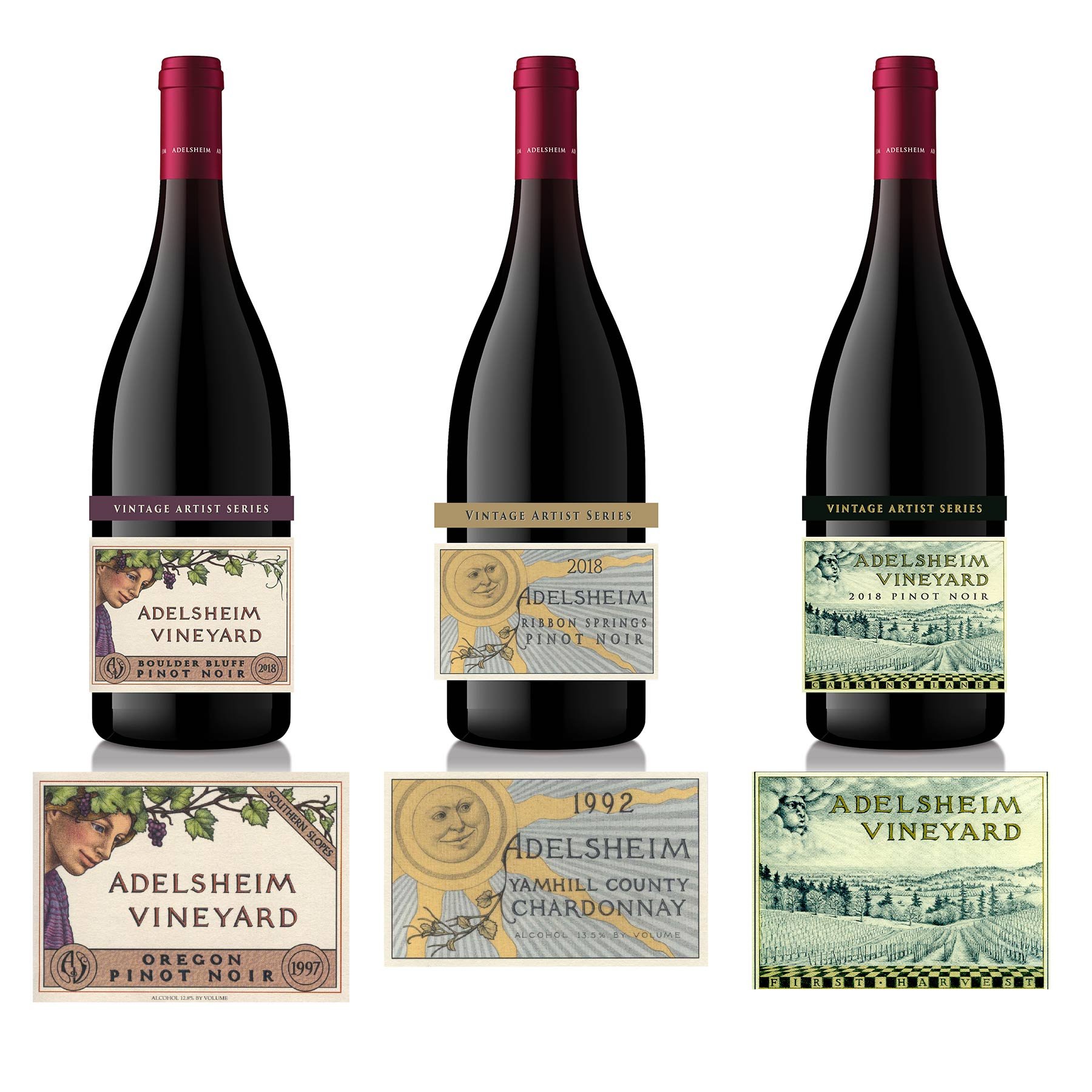 The winery released 2018 vintage magnums of wine, featuring updated versions of some of their historic labels. I took the old labels, cleaned them up, and did extensive Photoshopping to replace the old text with new varietal information.
Below are th