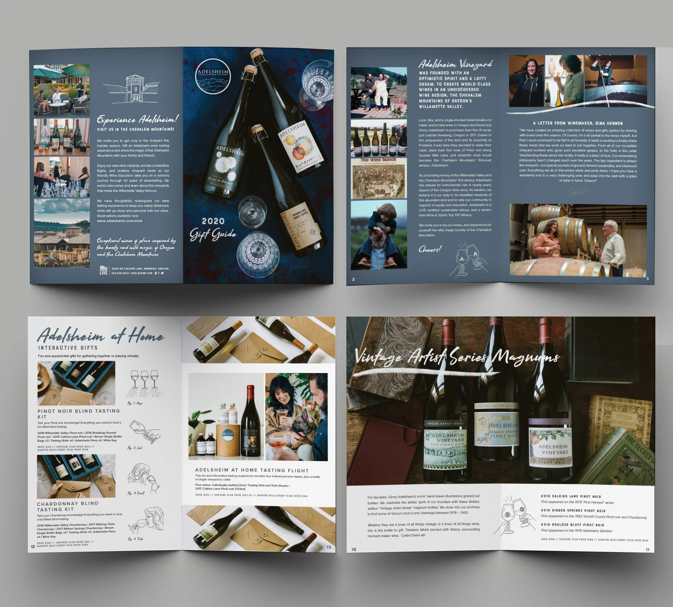 A few spreads from the winery's annual gift guide. Work includes: graphic design, illustration, copy editing.