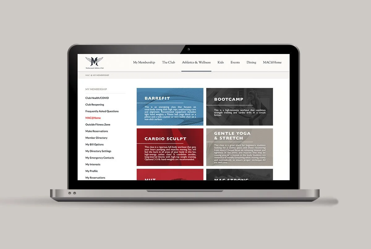 Members of varying technical skills needed an easy way to see all athletic and wellness classes available. I created a visual menu to simplify the user experience. Work includes: creative direction, graphic design.