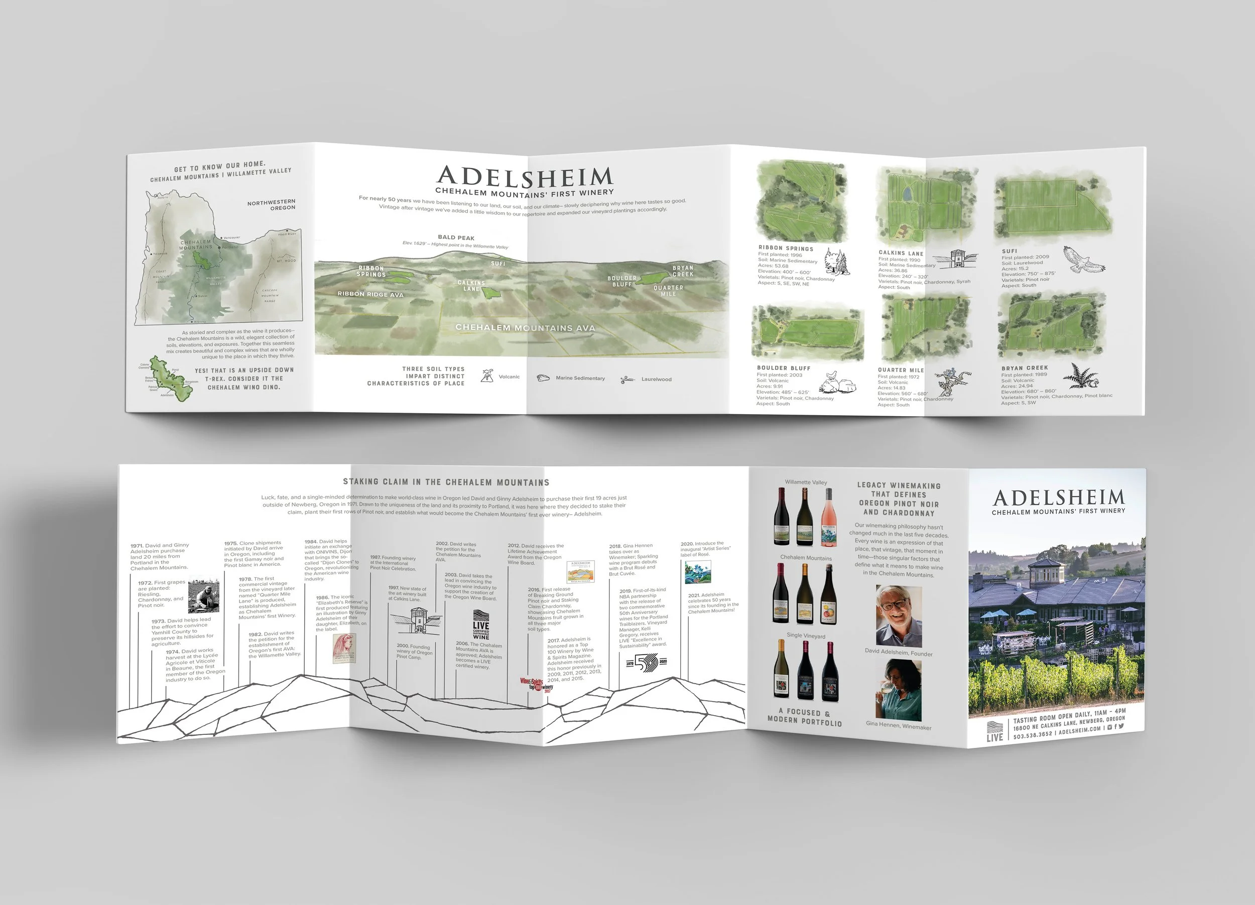 Large folding brochure, printed on both sides, highlighting Adelsheim's different vineyards, esteemed history, and featured wines. Work includes: art direction, illustration, graphic design, copy editing.