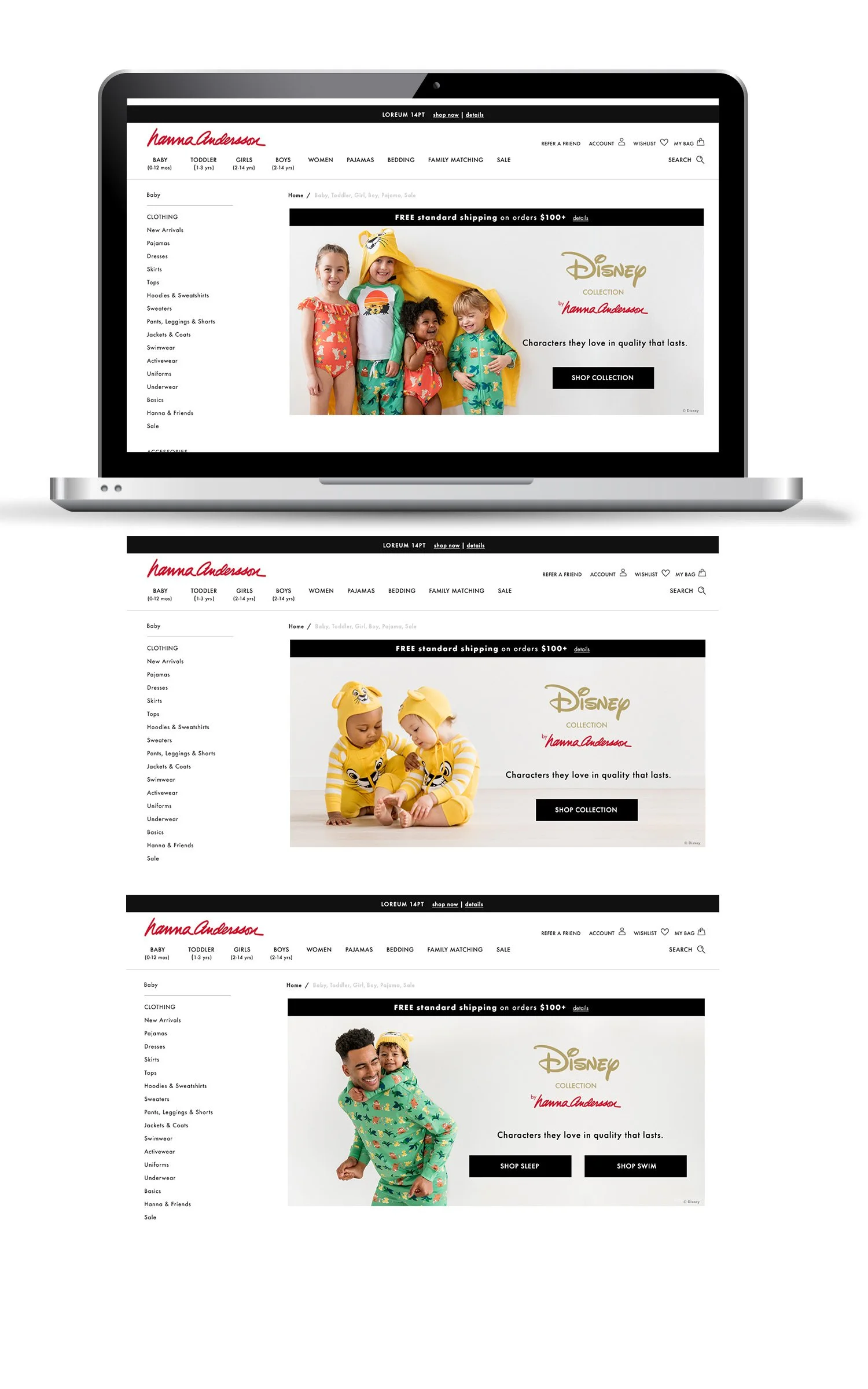 Collection landing page hero banners. These appeared on the landing pages for swim, baby sleep, and sleep landing pages. Work includes: graphic design, asset selection.