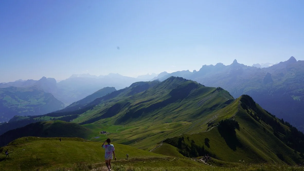 Scenic view of green rolling hills and mountain peaks under a clear blue sky, with a person walking along a trail in the foreground.