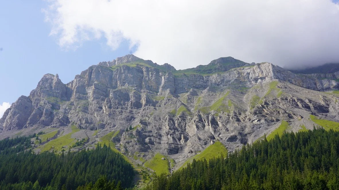 Mountain with rocky cliffs and green forest at the base, under a sky with some clouds.
