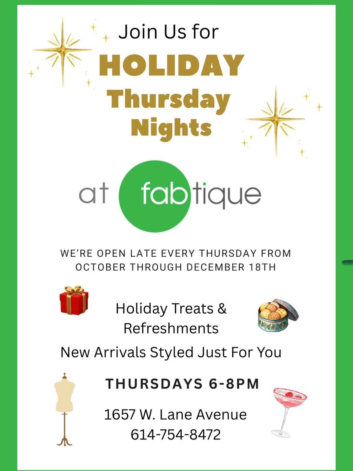 We love ❤️ having fun with all y&rsquo;all! 🤩🤩🤩

Starting TODAY Fabtique is open until 8pm each Thursday thru Xmas🎄

A little extra fun + time to help you get all your Fall🍁 &amp; seasonal styles, gifts 🎁 and more!!

Call us with any questions 