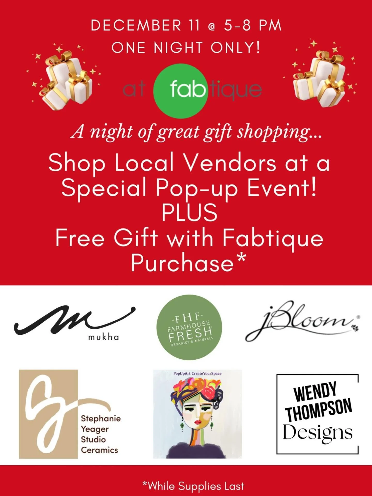 Join us @ Fabtique for a great night of shopping and supporting local! 💚💚💚

For any Fabtique purchase you will receive a free gift 🎁 from @farmhousefresh 😍😍

Some for those on your list 📝 or yourself from

@mukhaspa 
@cindytovell @farmhousefre