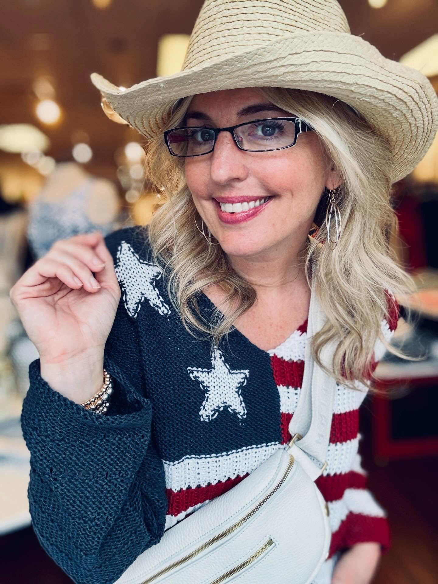 Cute American flag sweater from Wooden ships (perfect for Memorial Day) &amp; Cowgirl hat 🤠 from Wallaroo!  Add our fav Charles from Hammitt and you are ready to hit the town on this rainy day 🤩