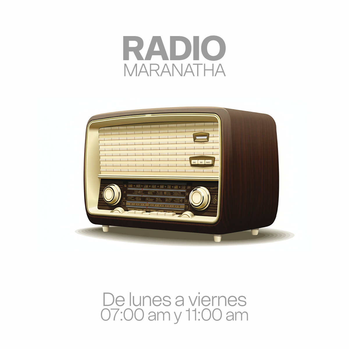 Vintage radio with wood and cream design, centered on a white background with text indicating radio station hours. Radio maranatha, maranatha reynosa CEM