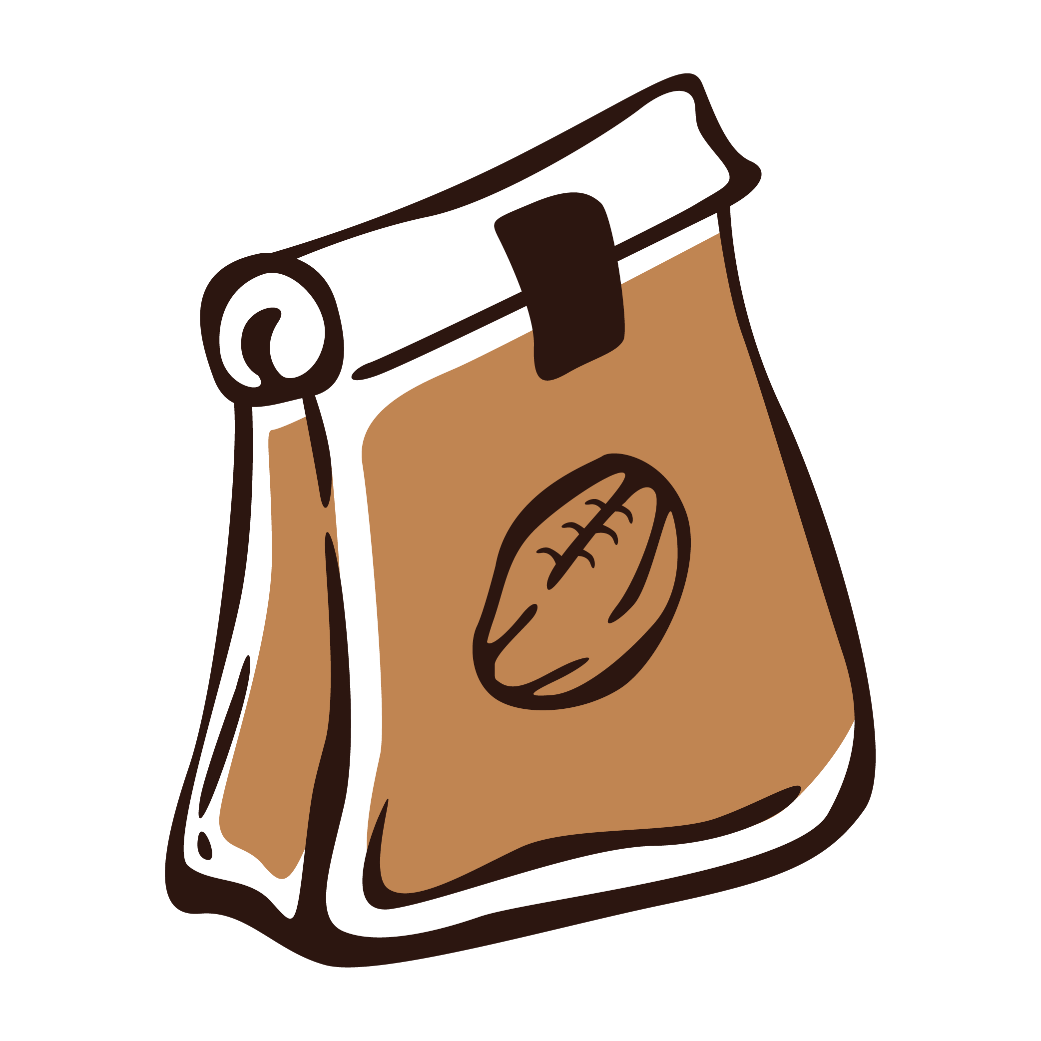 Illustration of a brown paper bag with a coffee bean symbol on it.