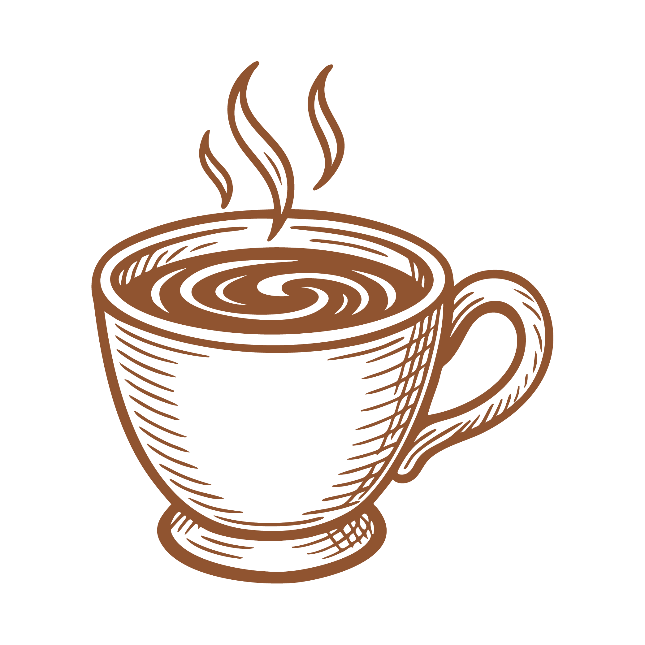 Drawing of a steaming coffee cup with a swirl pattern on the surface, outlined in brown on a black background.
