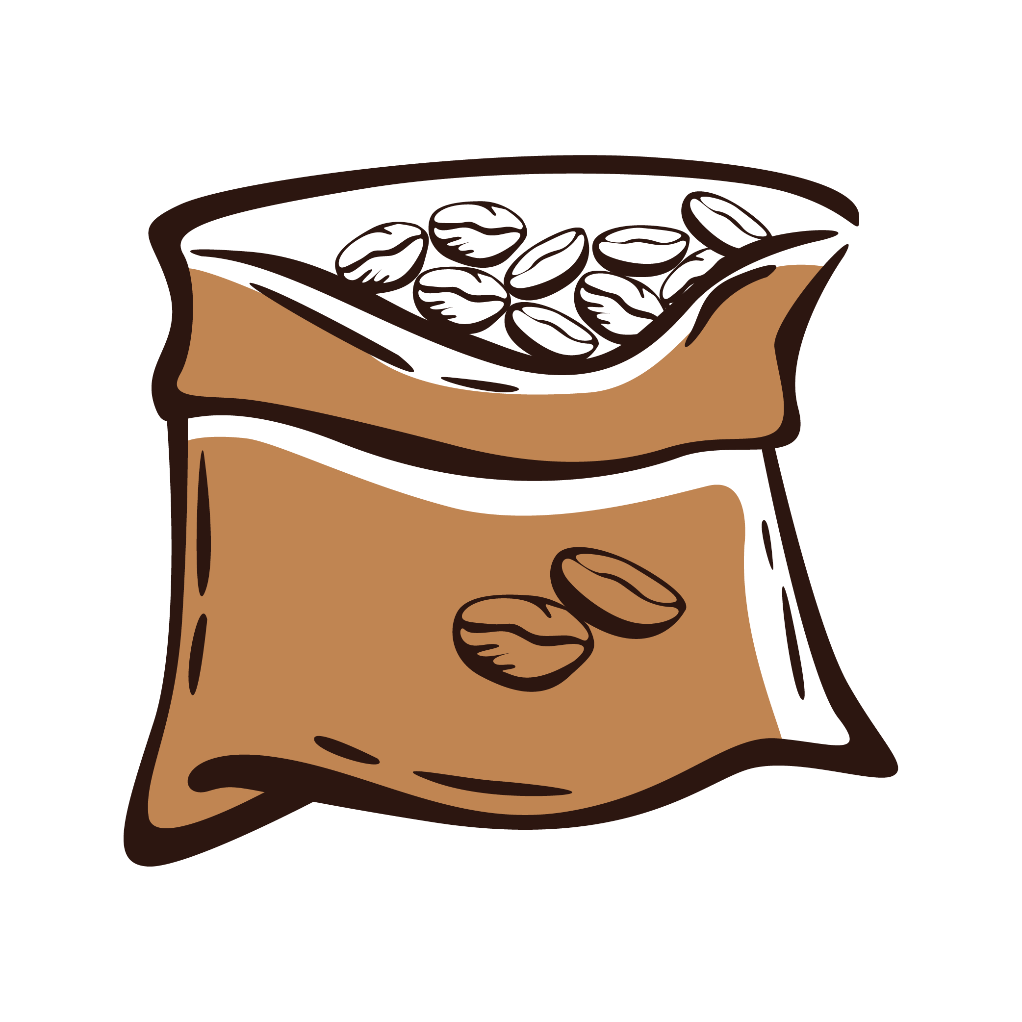 Drawing of an open coffee bag with coffee beans spilling out and two coffee beans lying outside.