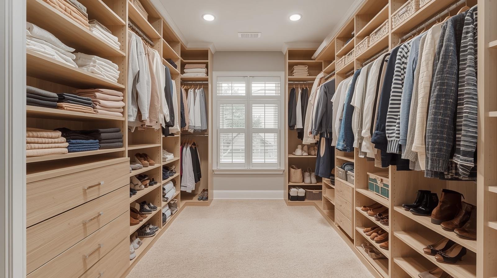 A spacious, well-organized walk-in closet with built-in wooden shelves, drawers, and clothing racks filled with folded clothes, shoes, and accessories. A window with white shutters is situated in the center of the back wall, allowing natural light to enter.