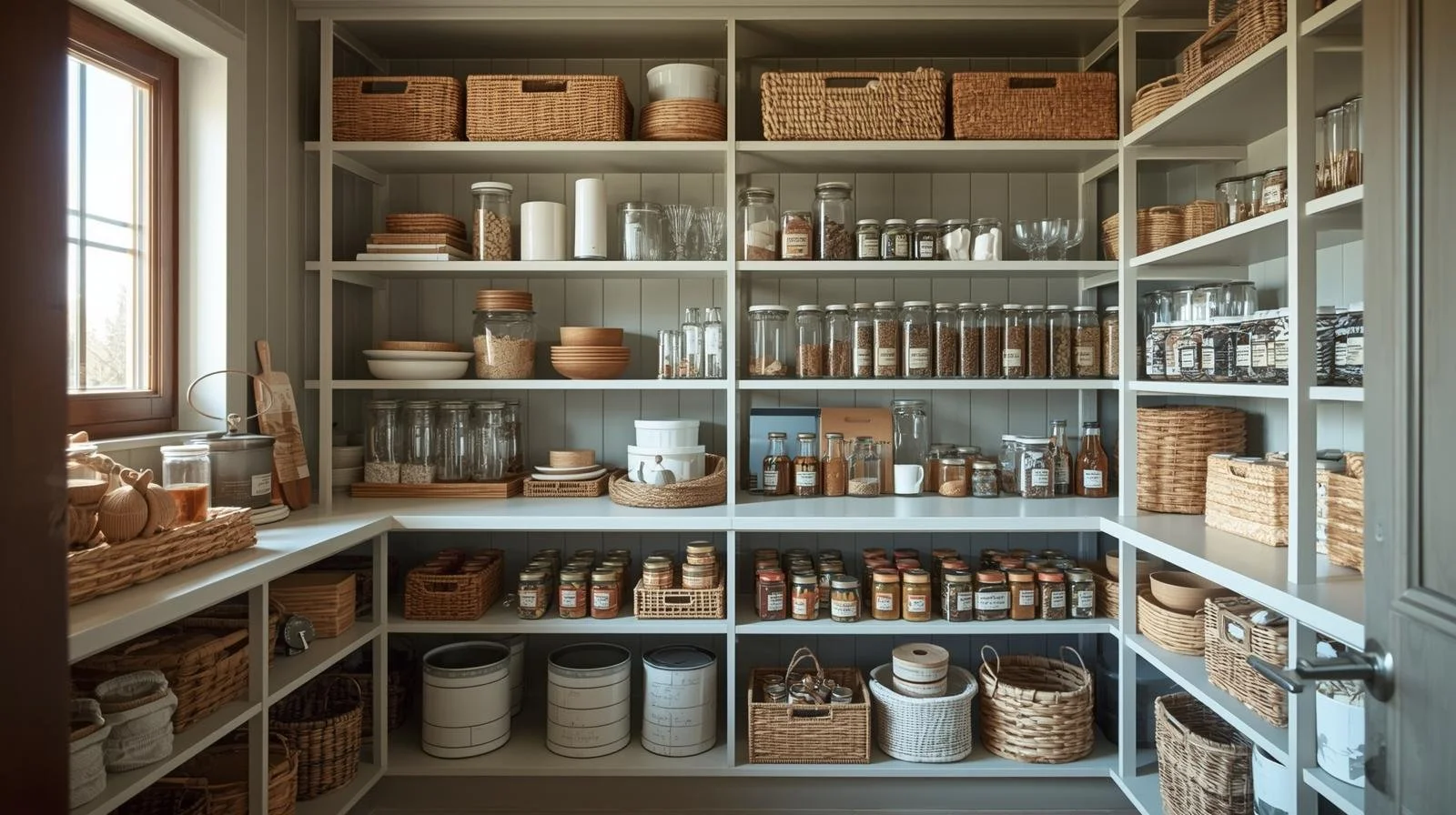 Pantry shelves filled with glass jars, wicker baskets, ceramic dishes, and food items in a well-organized kitchen storage area.