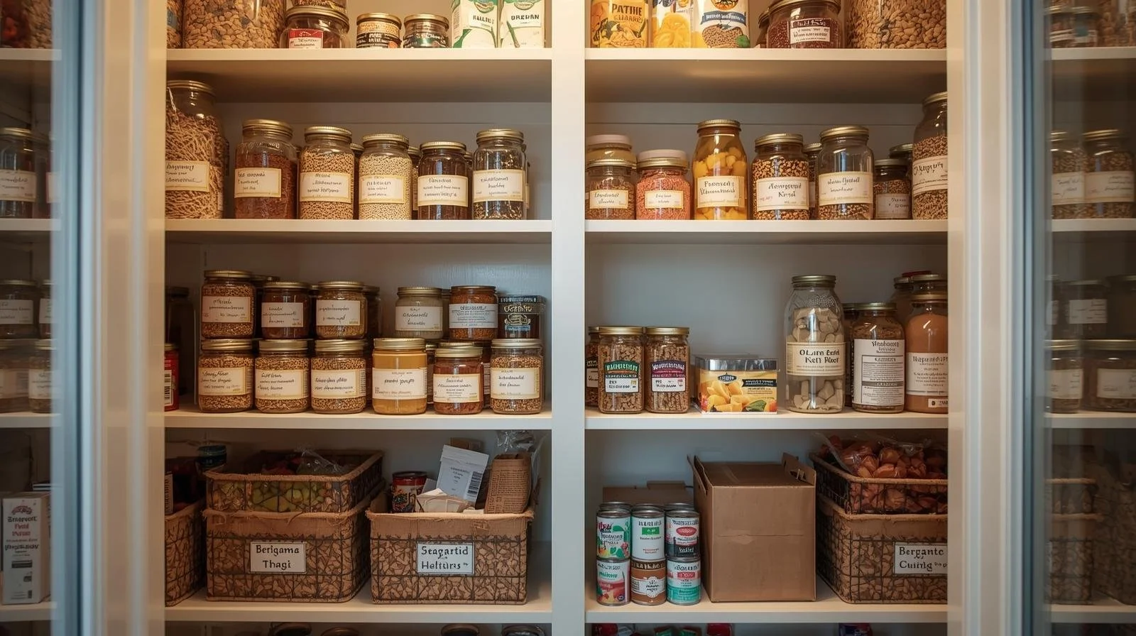 A pantry shelf filled with glass jars containing various herbs, spices, and dried ingredients, arranged in rows with some labeled jars visible.
