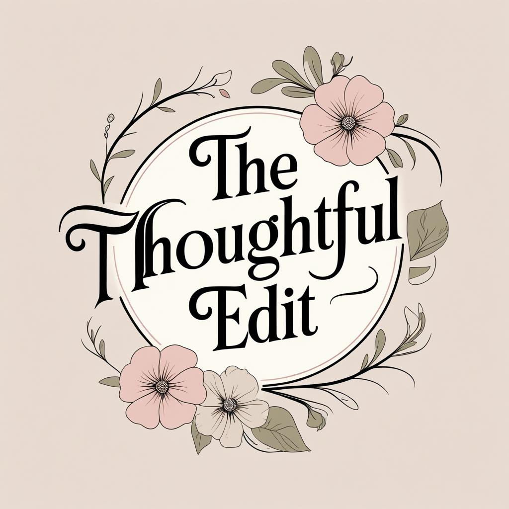 Stylized floral logo with the words "The Thoughtful Edit" in black script, surrounded by pink and beige flowers and green leaves on a beige background.