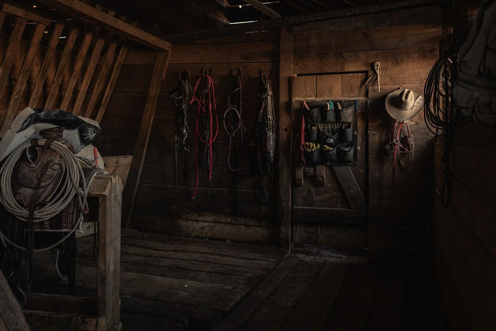 Interior of a rustic wooden barn with equestrian equipment hanging on the walls, including bridles, lead ropes, and a cowboy hat.