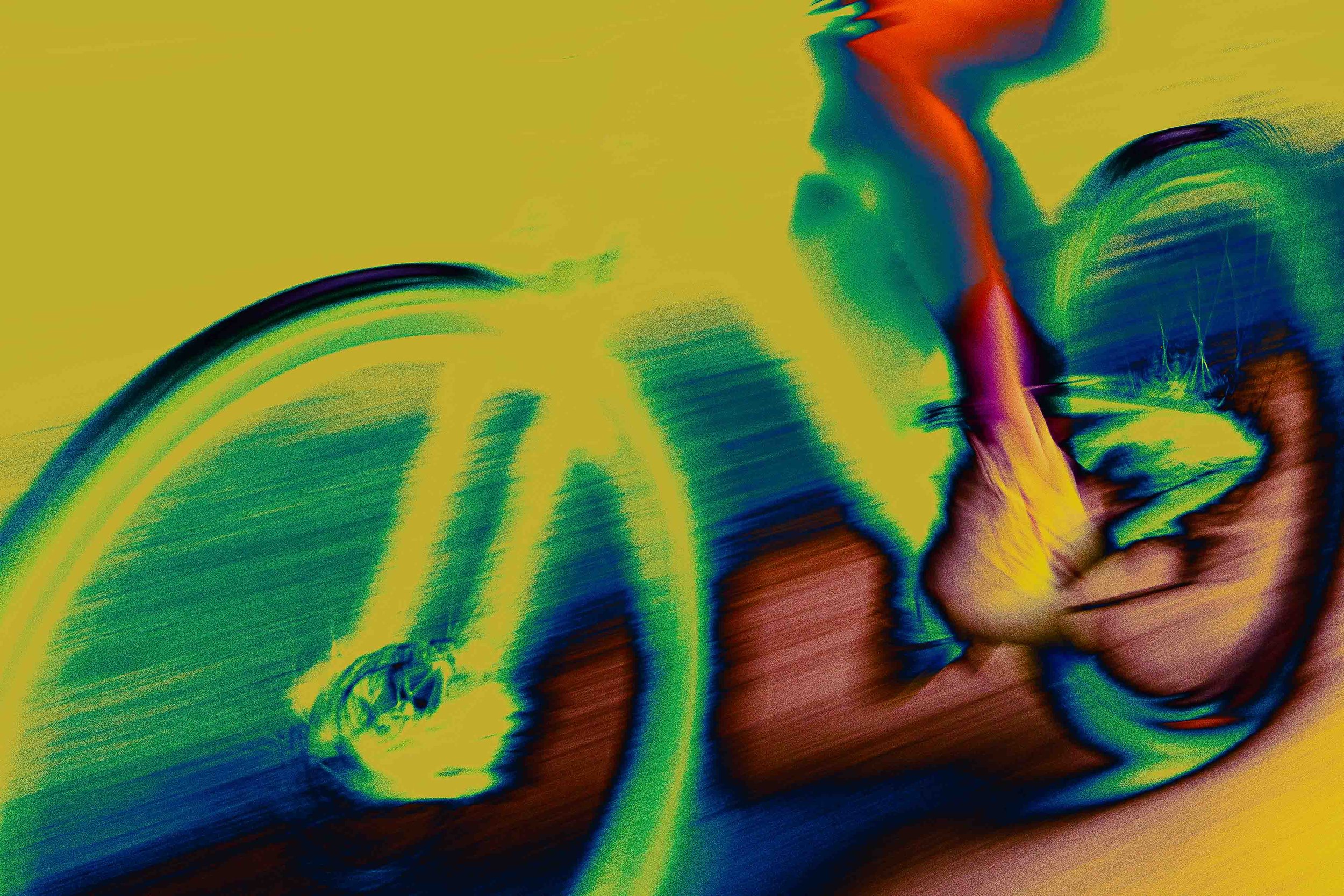 Une image colorée abstraite avec des formes circulaires, des dégradés de couleurs vives telles que le vert, le violet, et l'orangé, créant une composition dynamique.