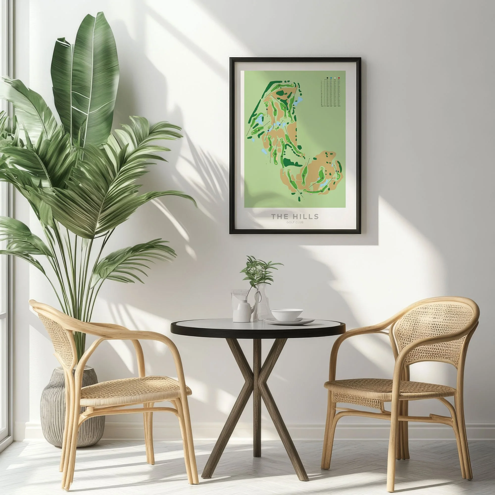 A cozy corner with a small round black table, two wicker chairs with light wood frames, a large potted plant with broad green leaves, and a framed map of The Hills Golf Club hanging on a white wall. Sunlight creates shadows on the wall and floor.