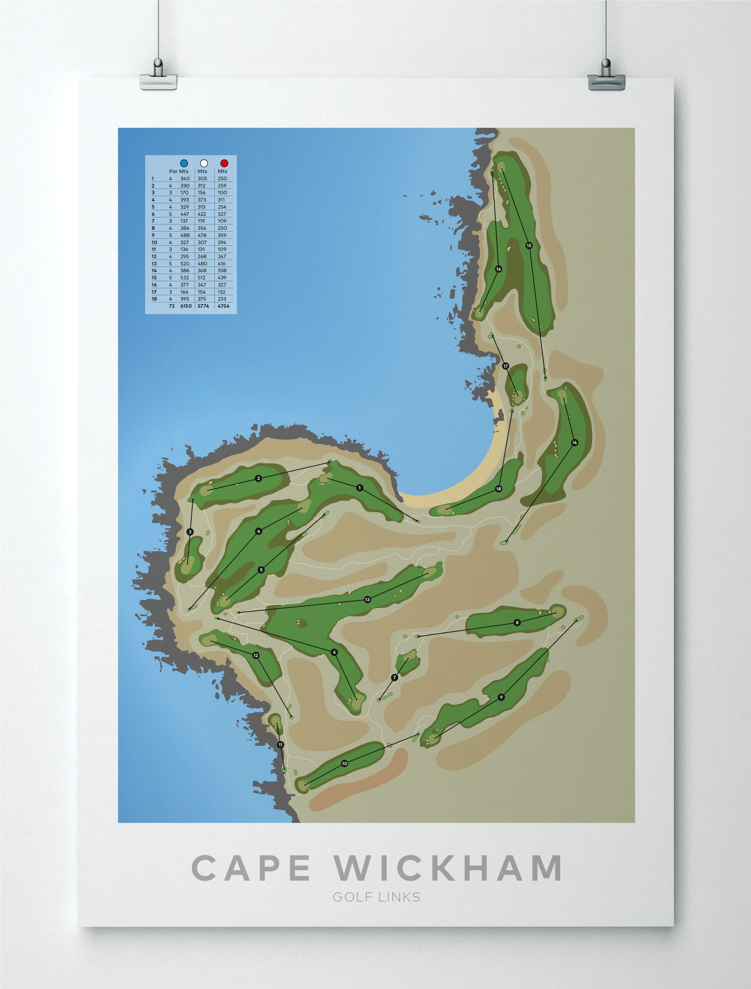 Map of Cape Wickham golf links with a detailed layout showing holes, distances, and terrain features, including water hazards and fairways.