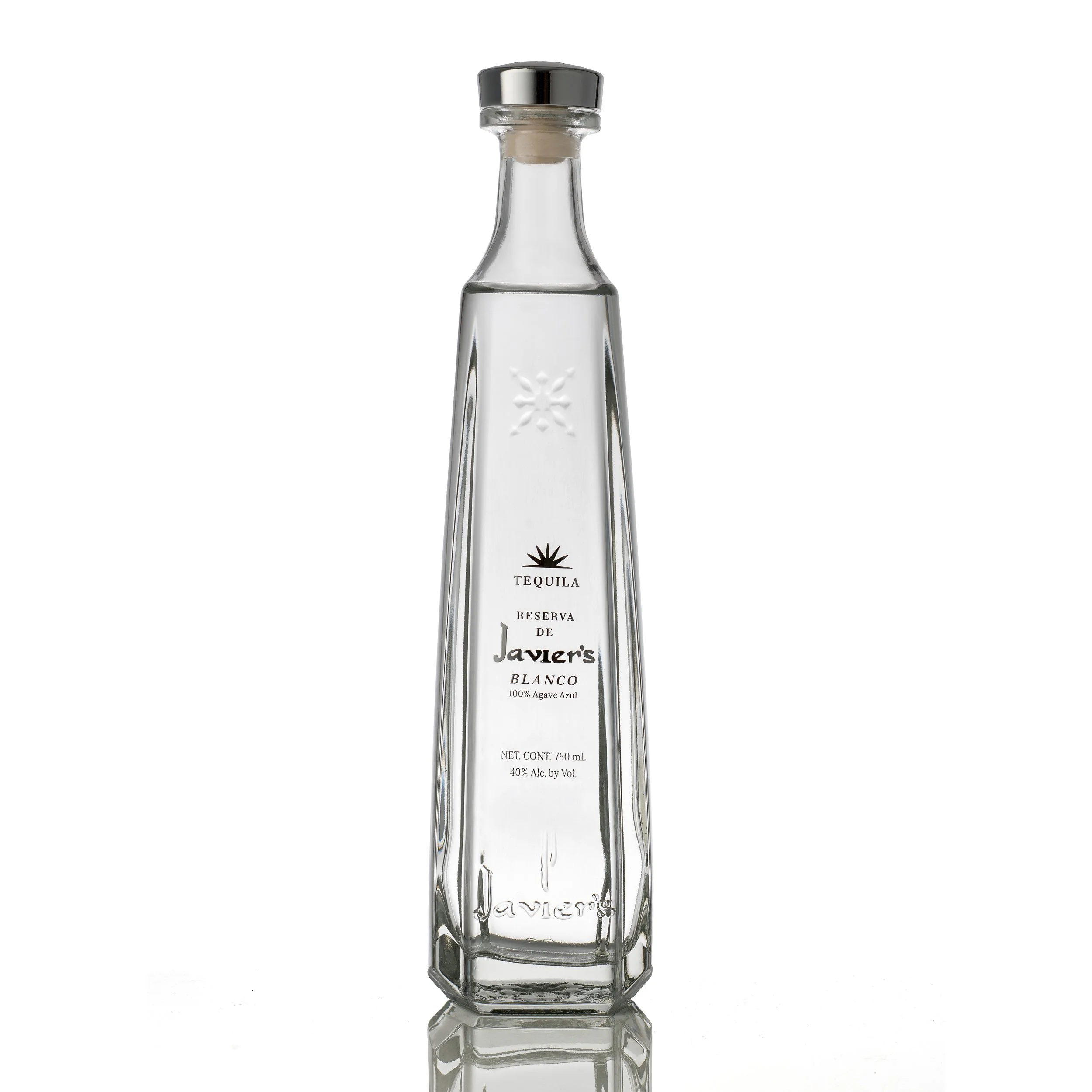 Javier’s Reserva de Blanco Tequila bottle, 100% Agave Azul, 750 mL.
