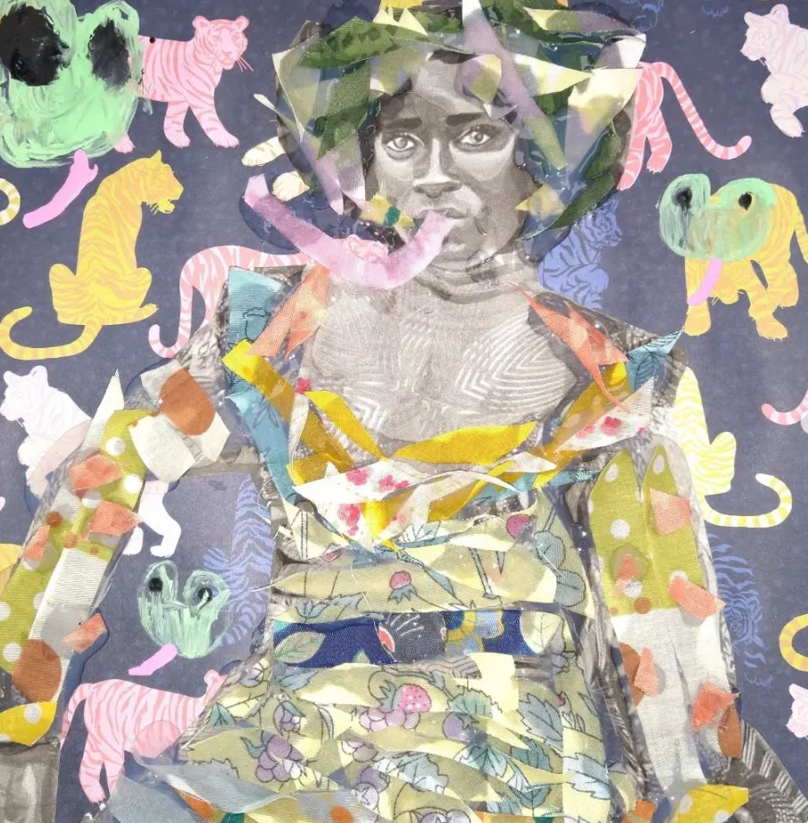 Mixed media collage featuring a woman’s black and white face, with colorful torn paper pieces creating her hair, clothing, and background of various illustrated animals and abstract patterns.