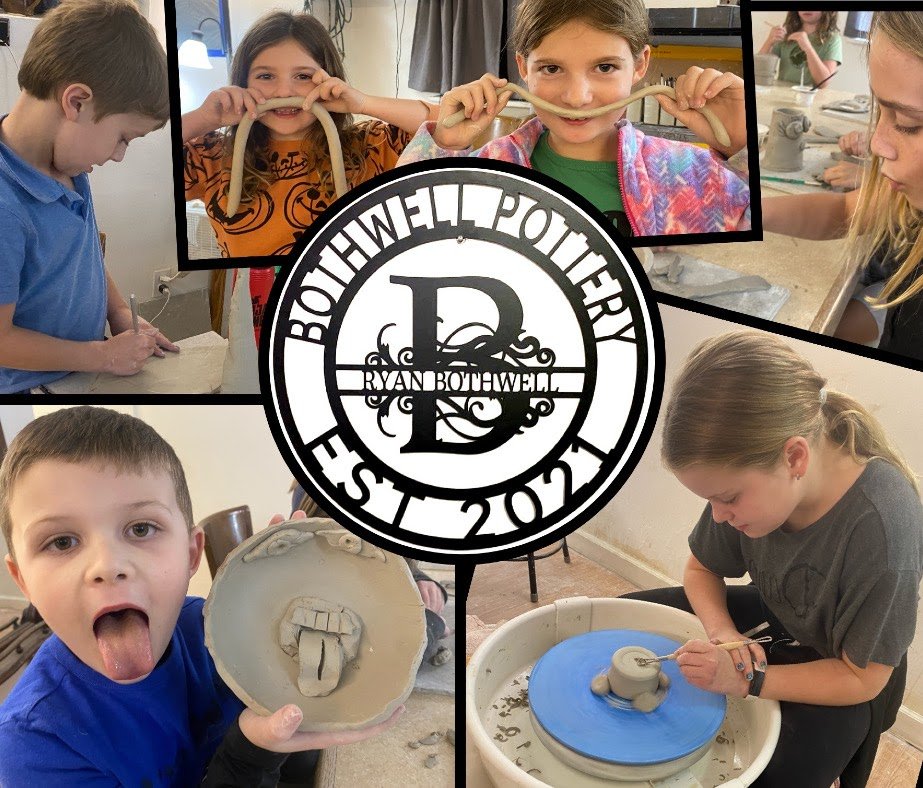 Children engaging in arts and crafts activities, some using clay and pottery wheels, with a logo for Boywell Pottery and Ryeann Bothwell 2023 in the center.