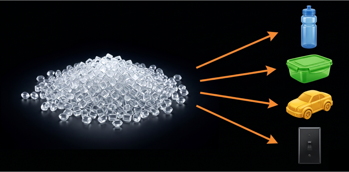 A pile of small, clear plastic pellets with orange arrows pointing to different objects: a blue water bottle, a green food container, a yellow toy car, and a black electrical switch.