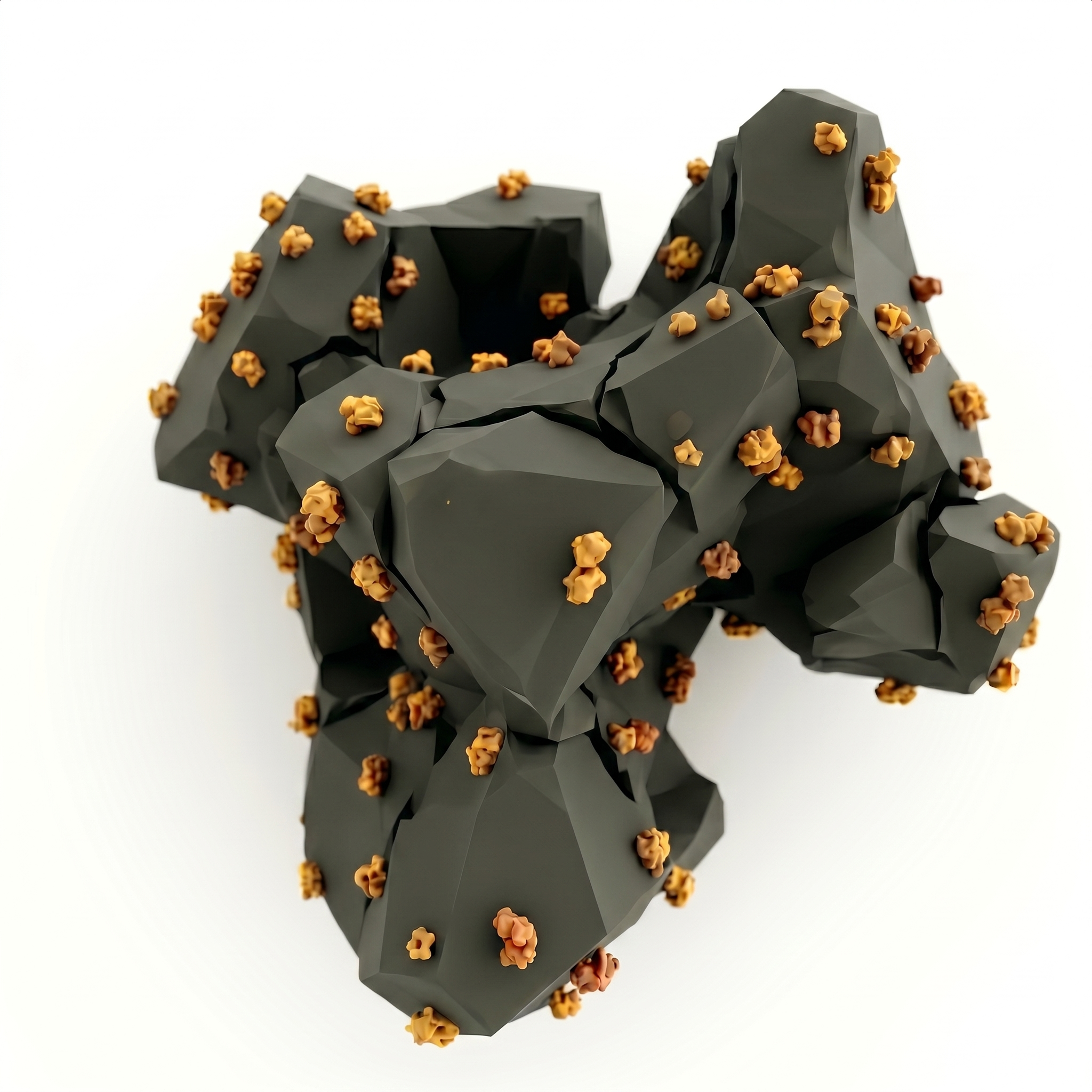 3D rendering of a gray mountain with multiple jagged peaks, decorated with clusters of small beige and brown lumpy objects resembling popcorn, set against a plain white background.