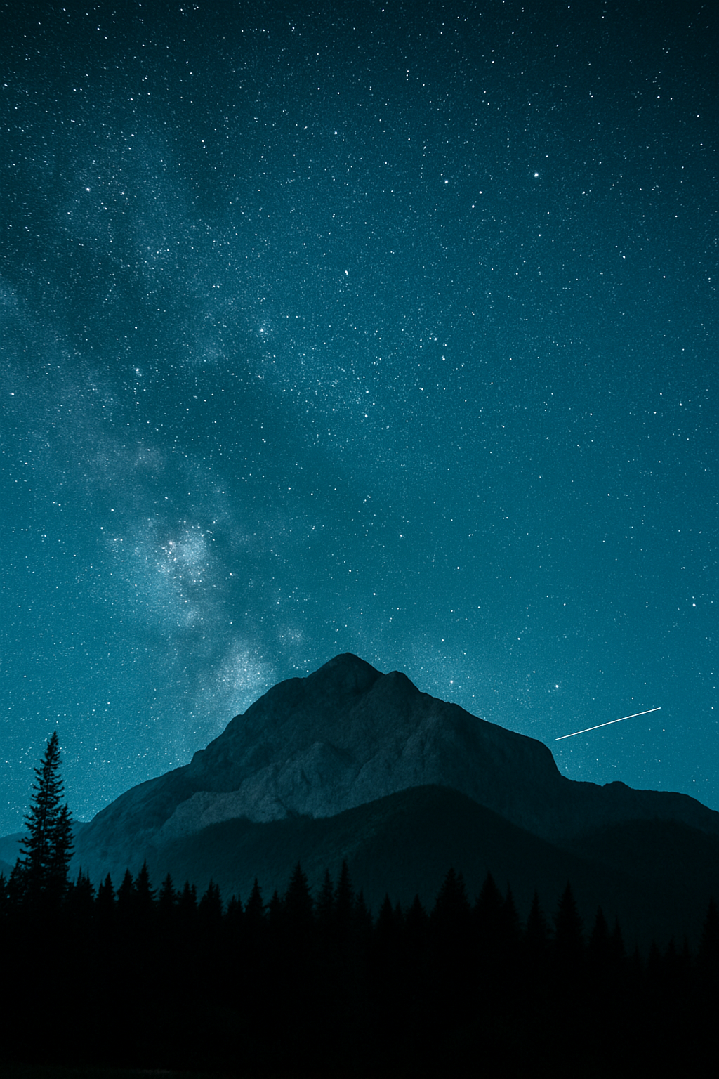 Night sky filled with stars above a mountain silhouette with trees in the foreground.