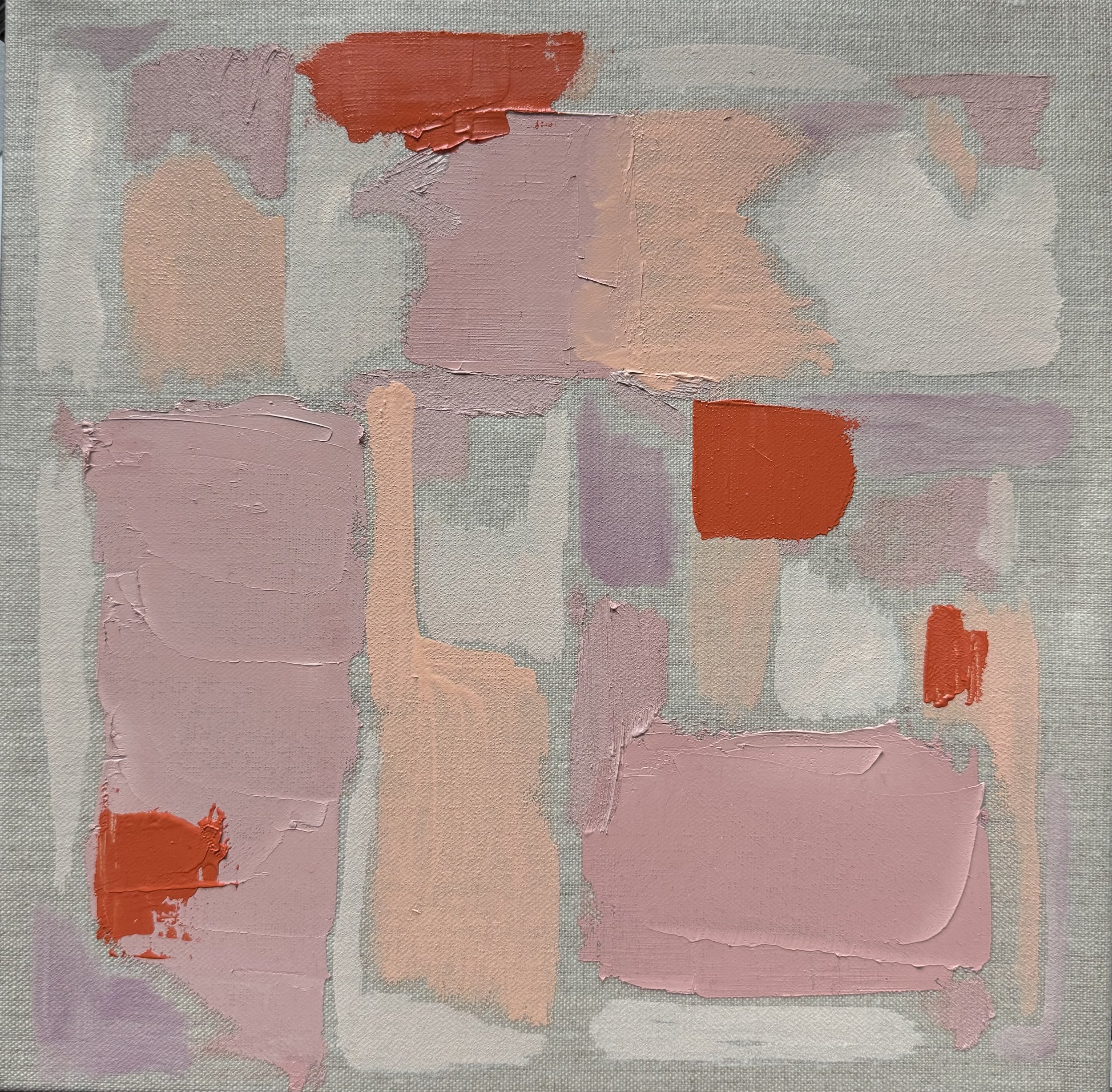 Abstract painting with patches of pink, peach, and orange paint on canvas.