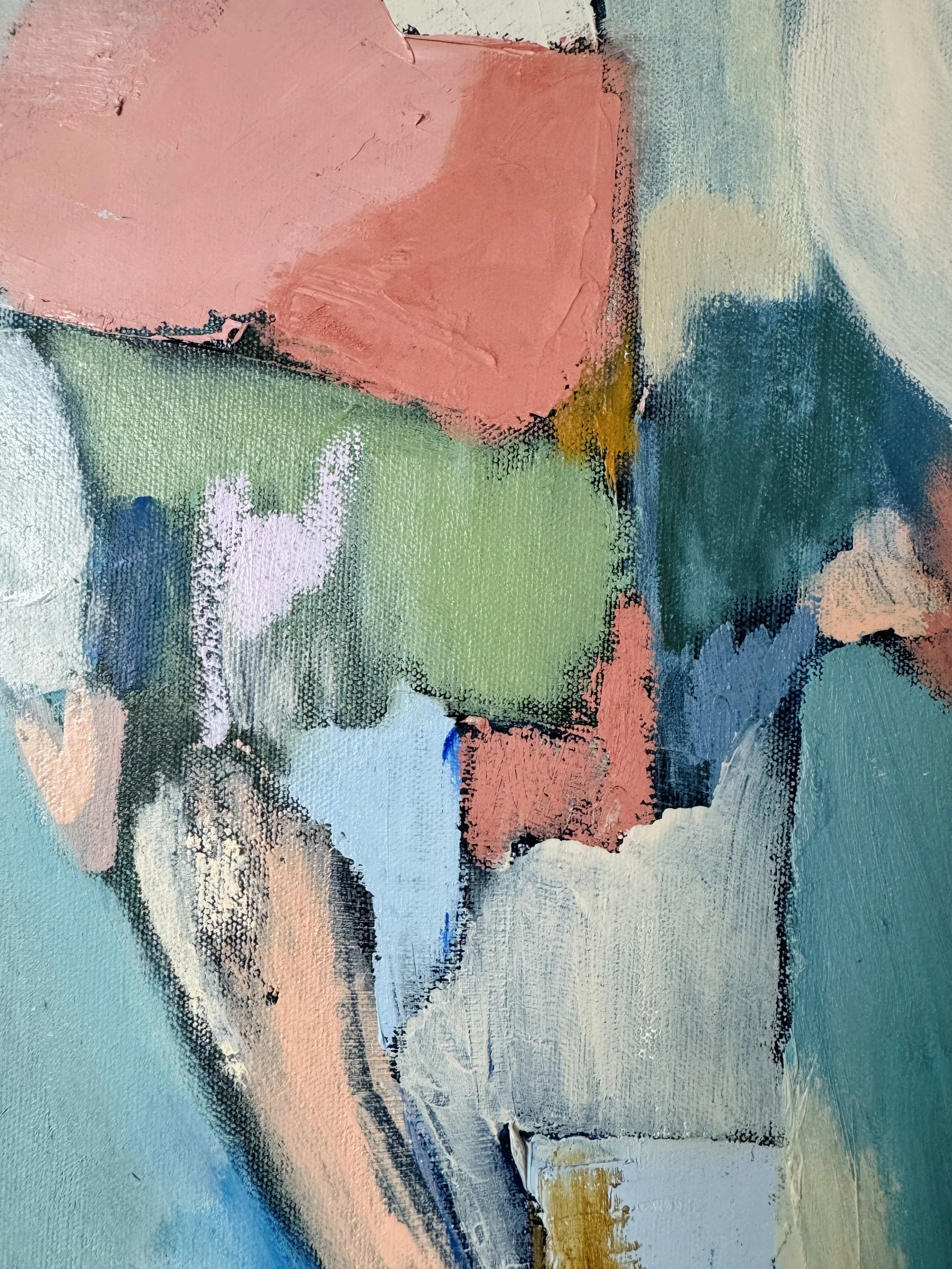 Abstract painting with large patches of pink, green, blue, and beige colors, with visible brushstrokes and textured surface.