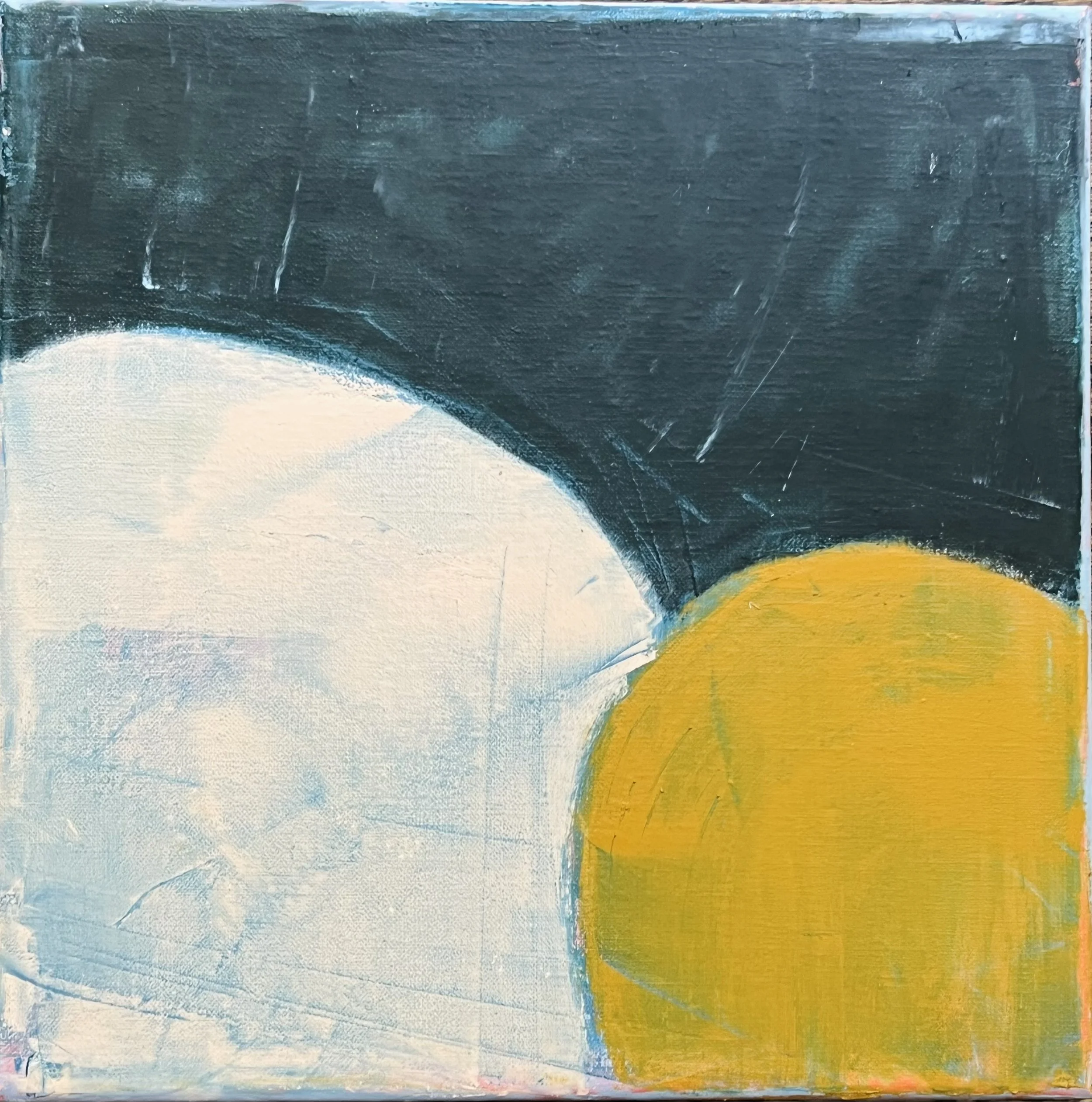 Abstract painting with large white, dark teal, and mustard yellow shapes.
