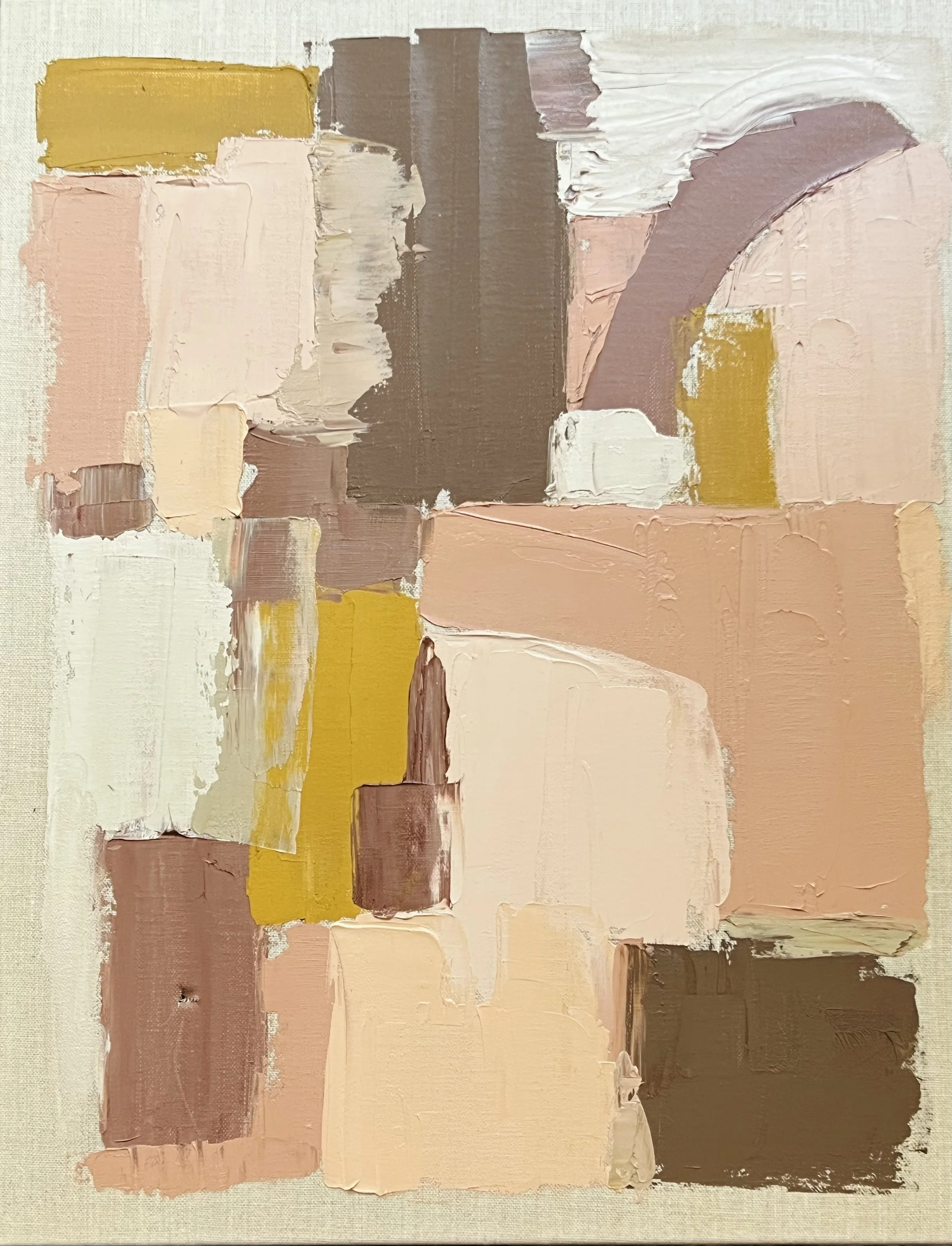 Abstract painting with blocks of beige, pink, white, brown, and yellow paint.