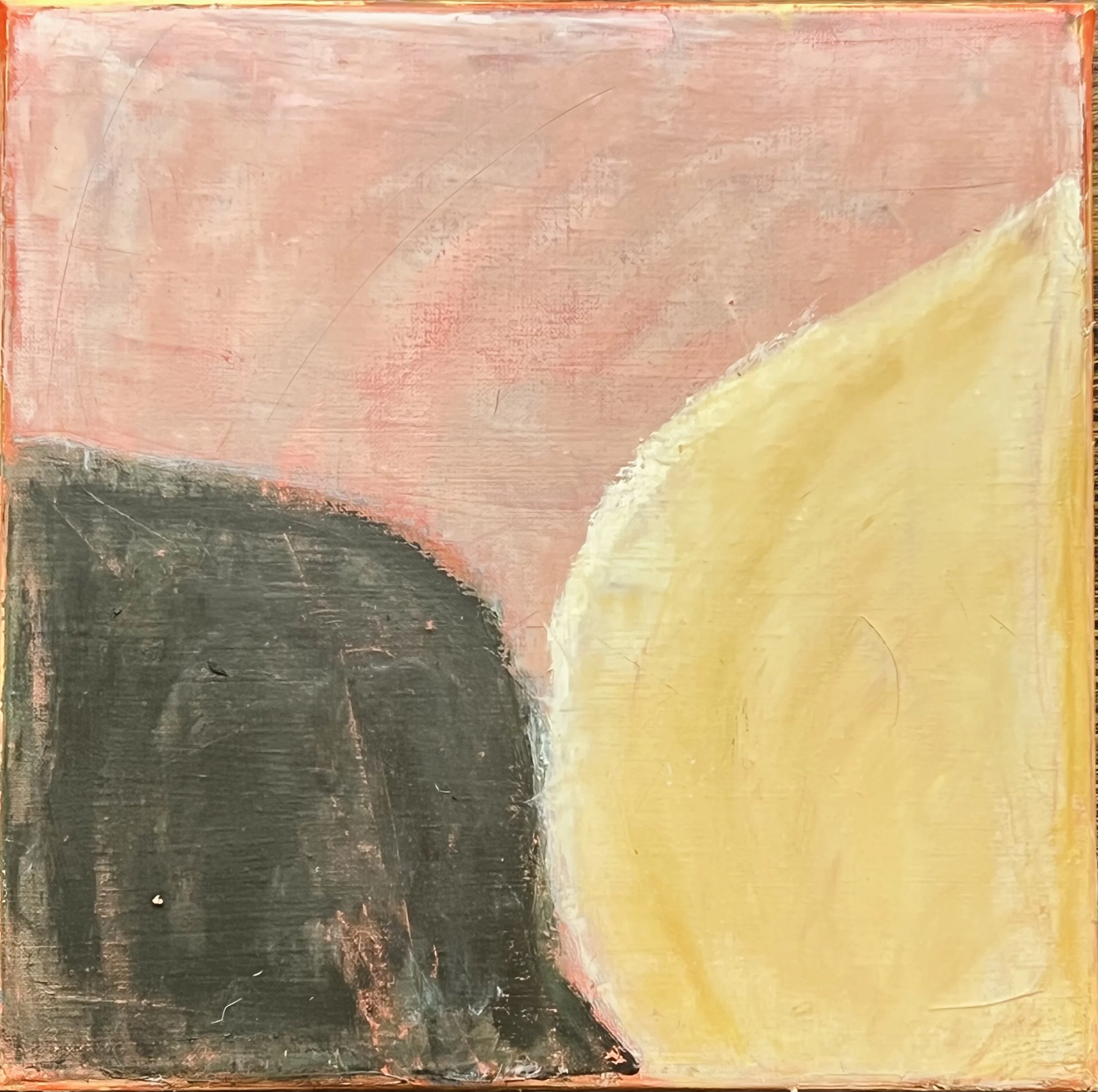 Abstract painting featuring overlapping shapes in black, yellow, and pink with textured brushstrokes.