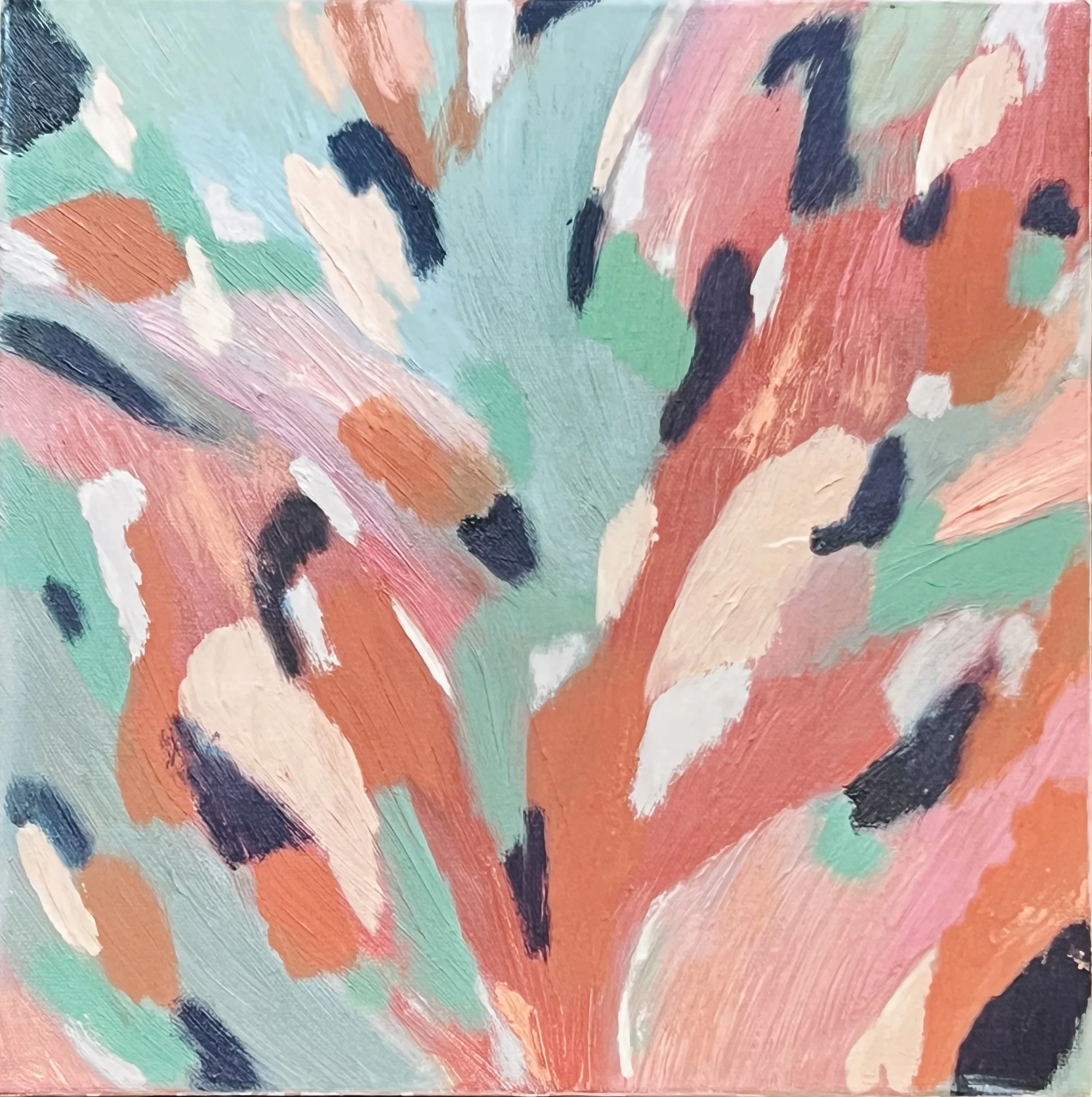 Abstract painting with brushstrokes of coral, mint green, navy, white, peach, and black colors.