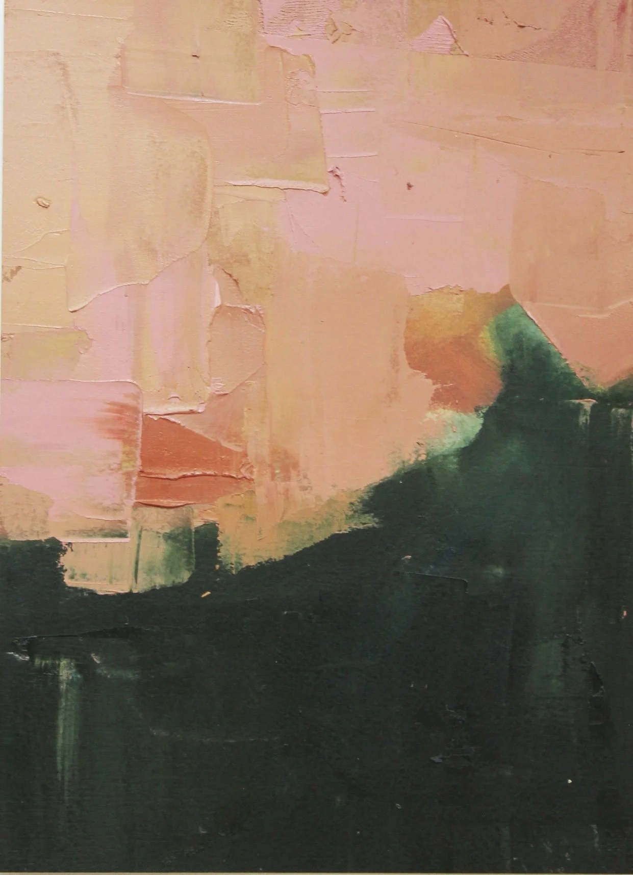 Abstract painting with pastel pink, peach, and green hues, featuring textured, layered brushstrokes.