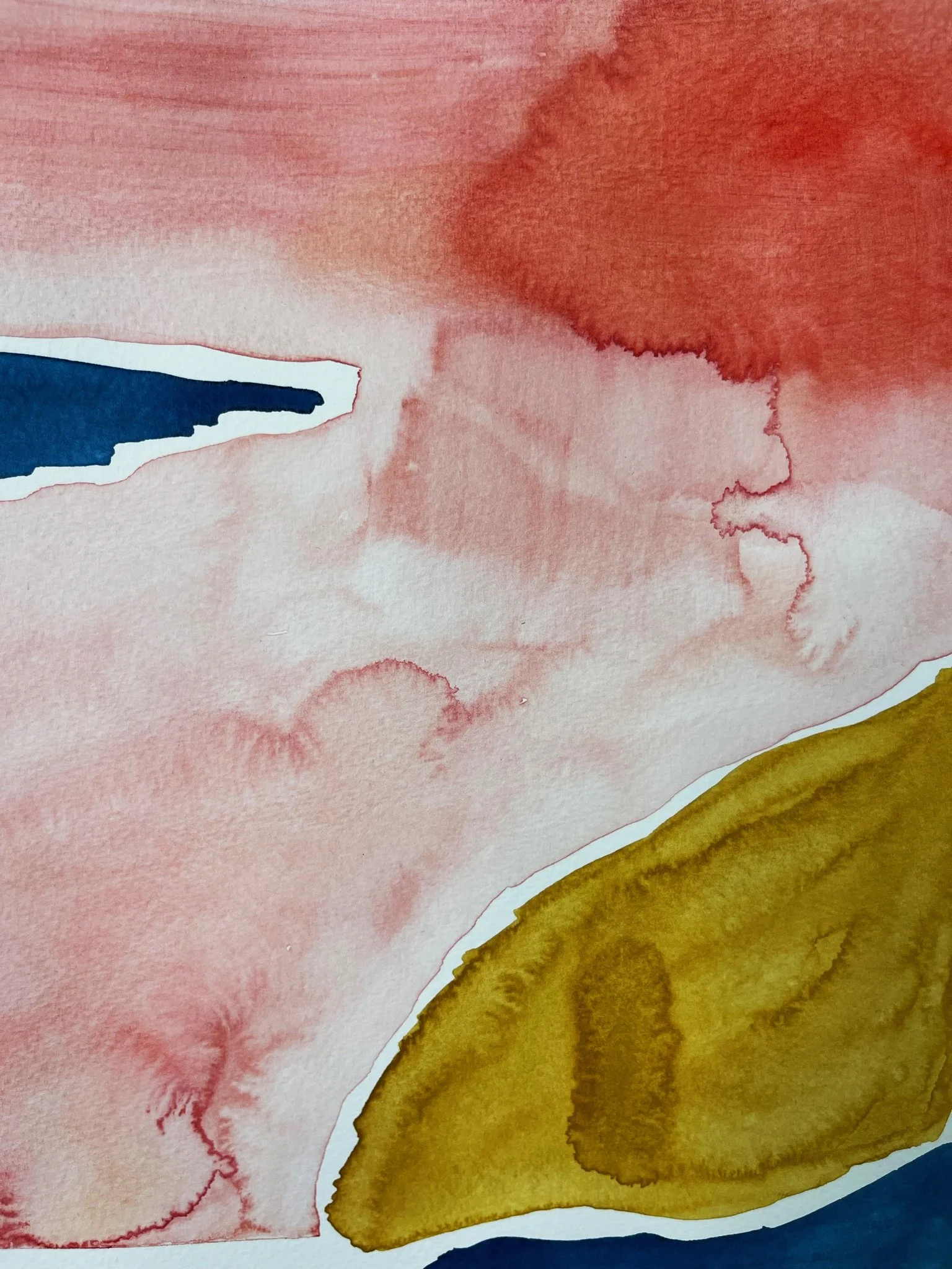 Abstract watercolor painting with red, pink, yellow, and dark blue colors.